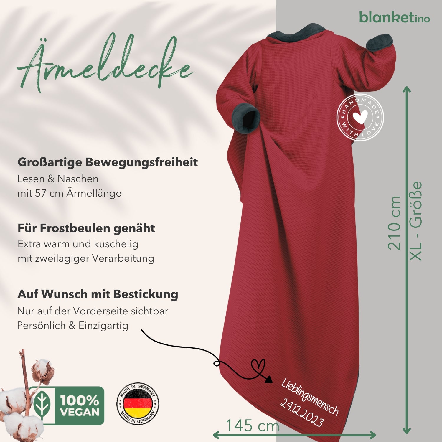 Kuscheldecke mit Ärmeln · Vollkommen · Weinrot · Stahlgrau