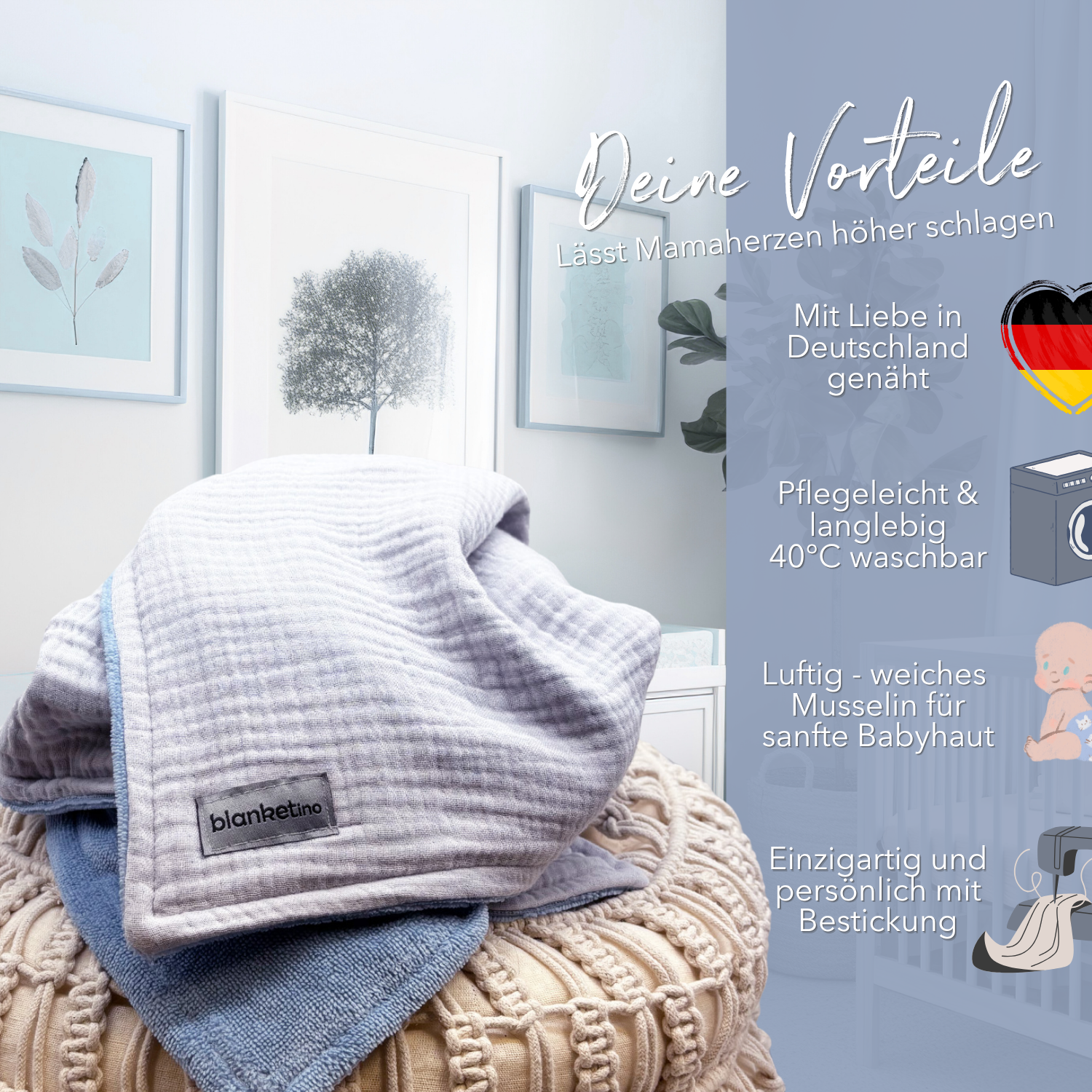 Musselin Babydecke mit Namen - 70 x 100 cm • Blau-Grau