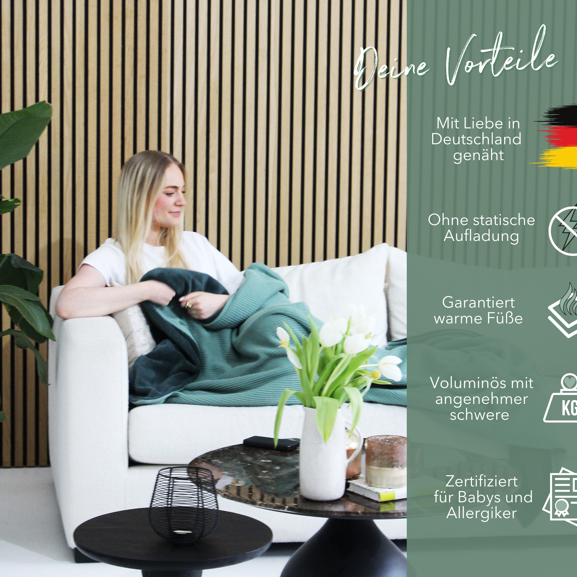 Kuscheldecke mit Baumwollstrick • Seegrün-Smaragdgrün