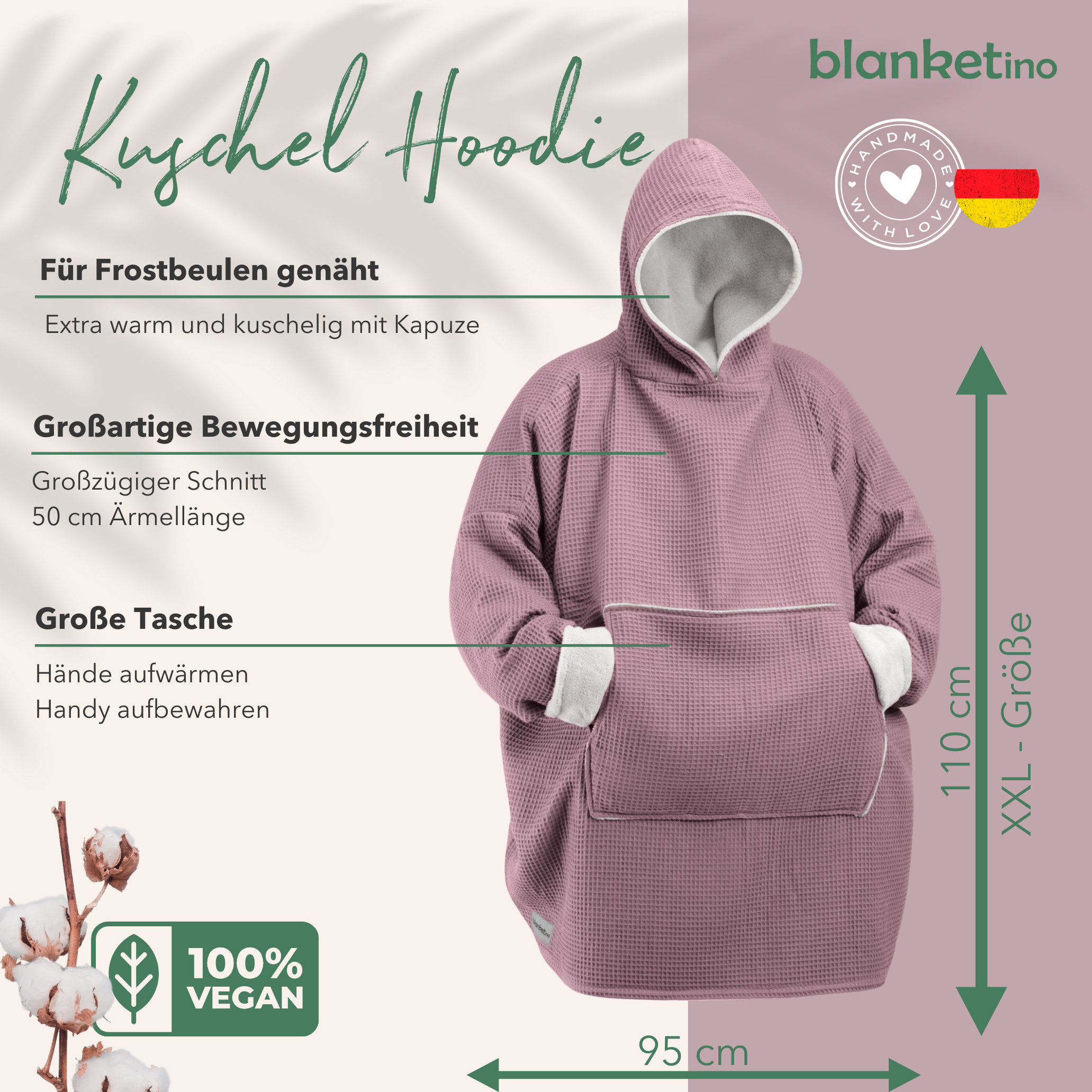 Kuschel-Hoodie mit Kapuze • Altrosa • Sandweiß