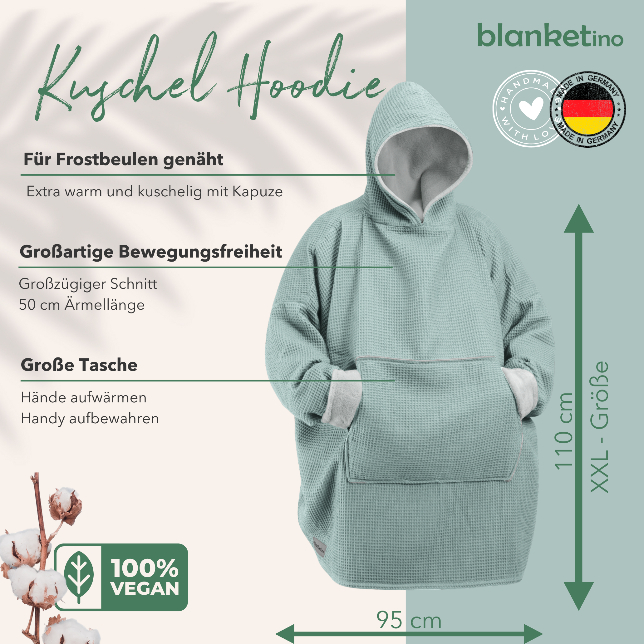 Kuschel-Hoodie mit Kapuze • Mint • Sandweiß