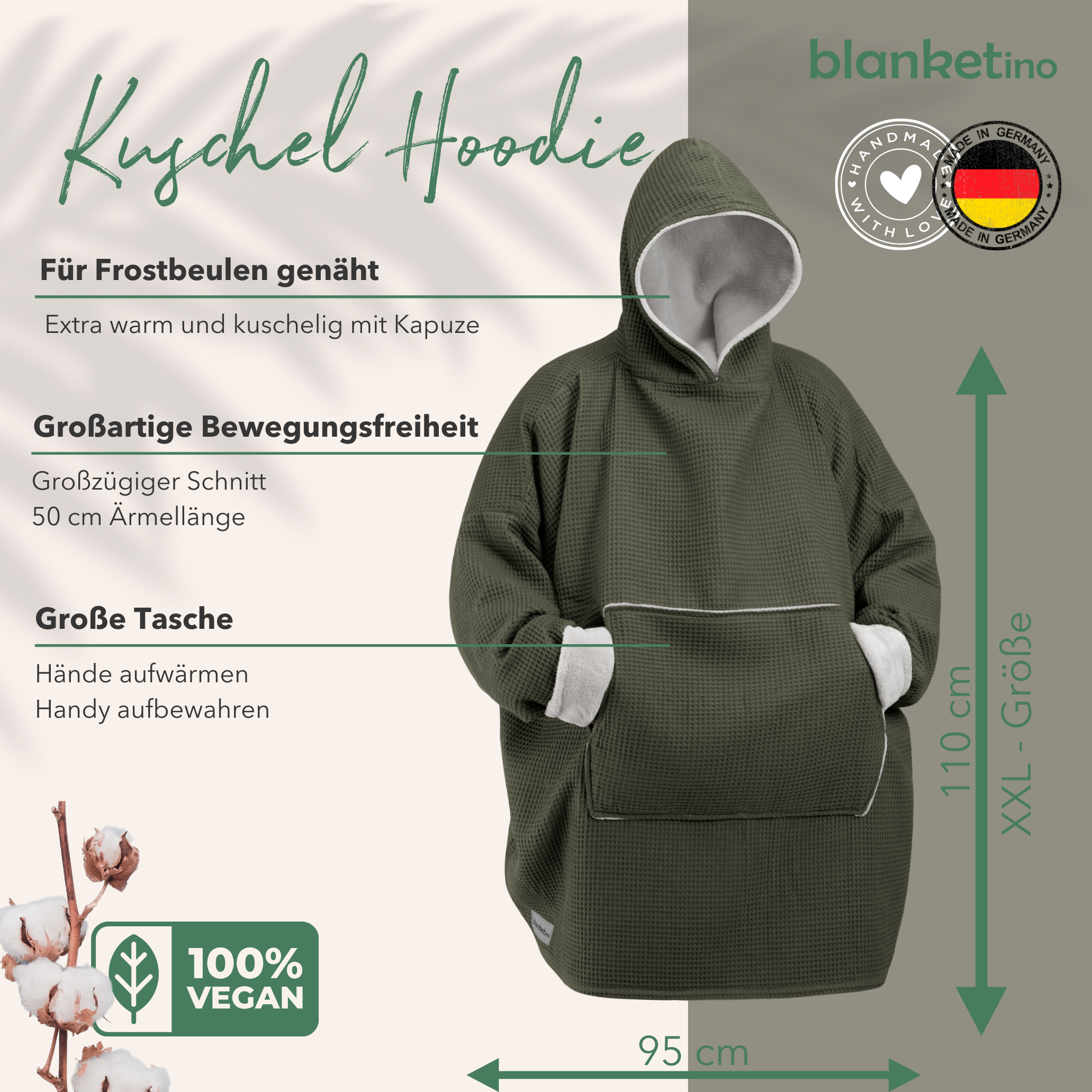 Kuschel-Hoodie mit Kapuze • Waldgrün • Sandweiß