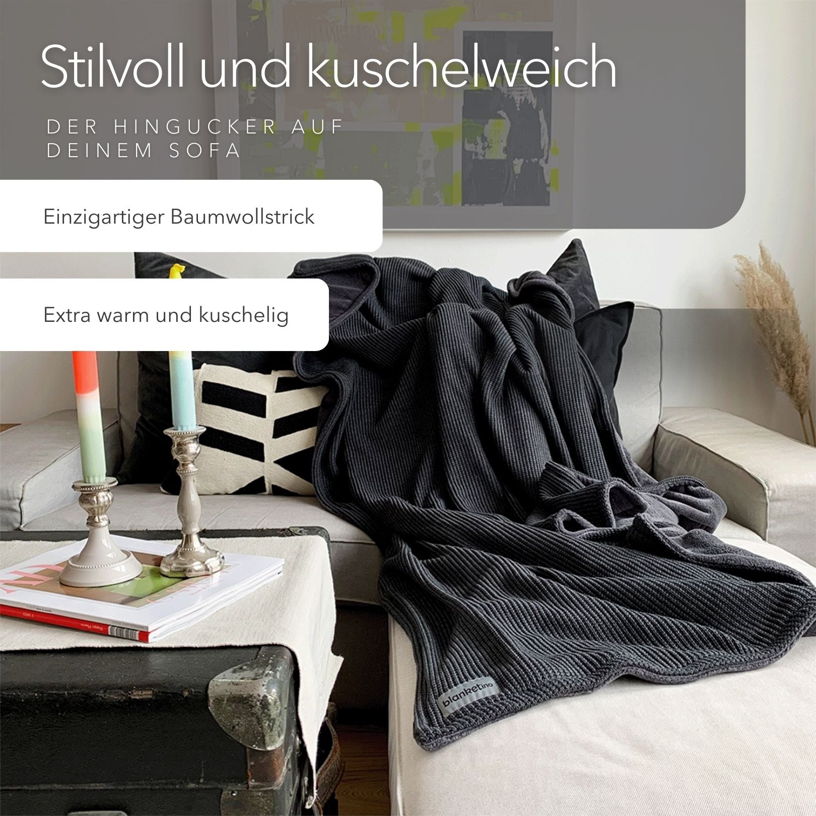 Kuscheldecke mit Baumwollstrick • Dunkelgrau
