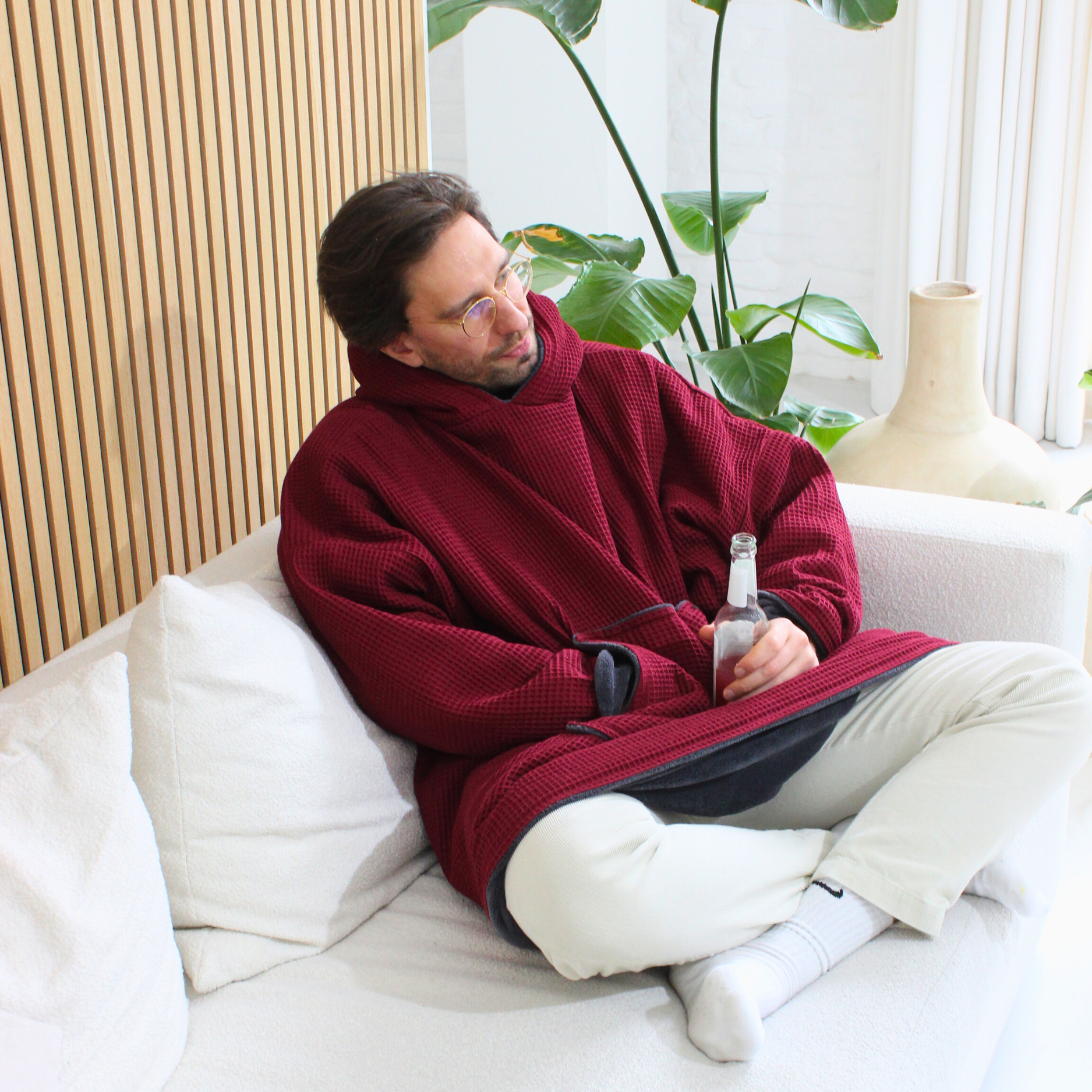 Kuschel-Hoodie mit Kapuze • Weinrot • Stahlgrau