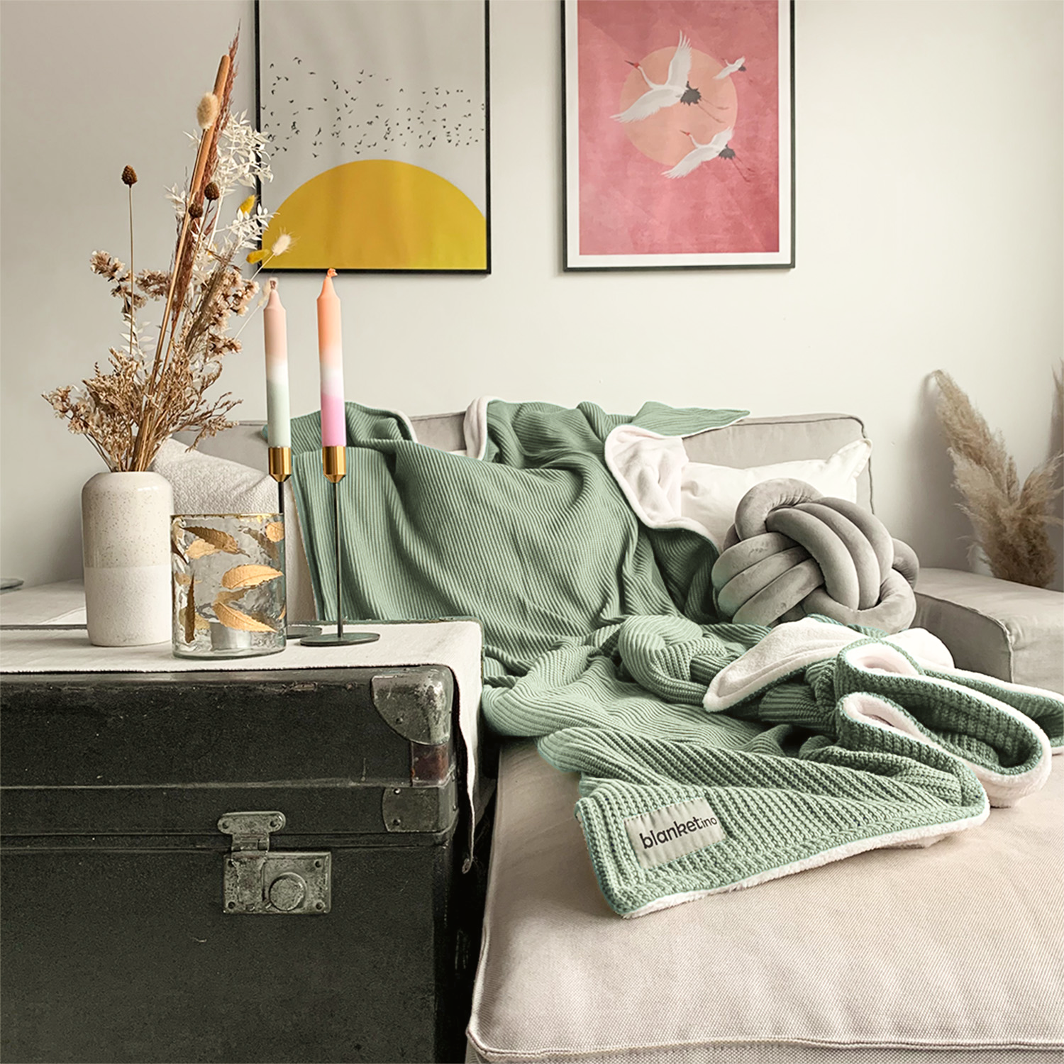 Kuscheldecke mit Baumwollstrick · Pistazie