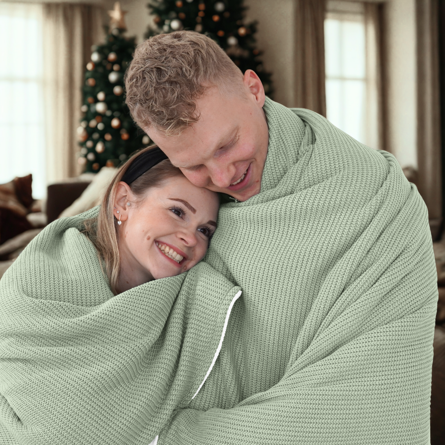 Kuscheldecke mit Baumwollstrick · Pistazie