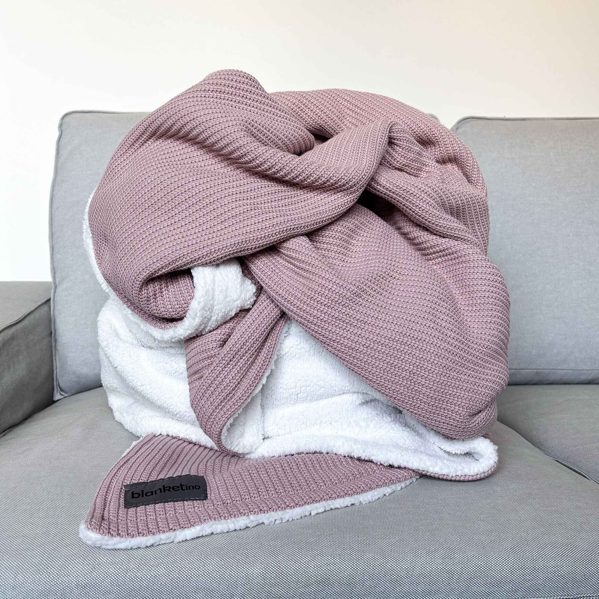 Kuscheldecke mit Baumwollstrick · Special-Edition mit Teddyfleece · Vintage Rosa
