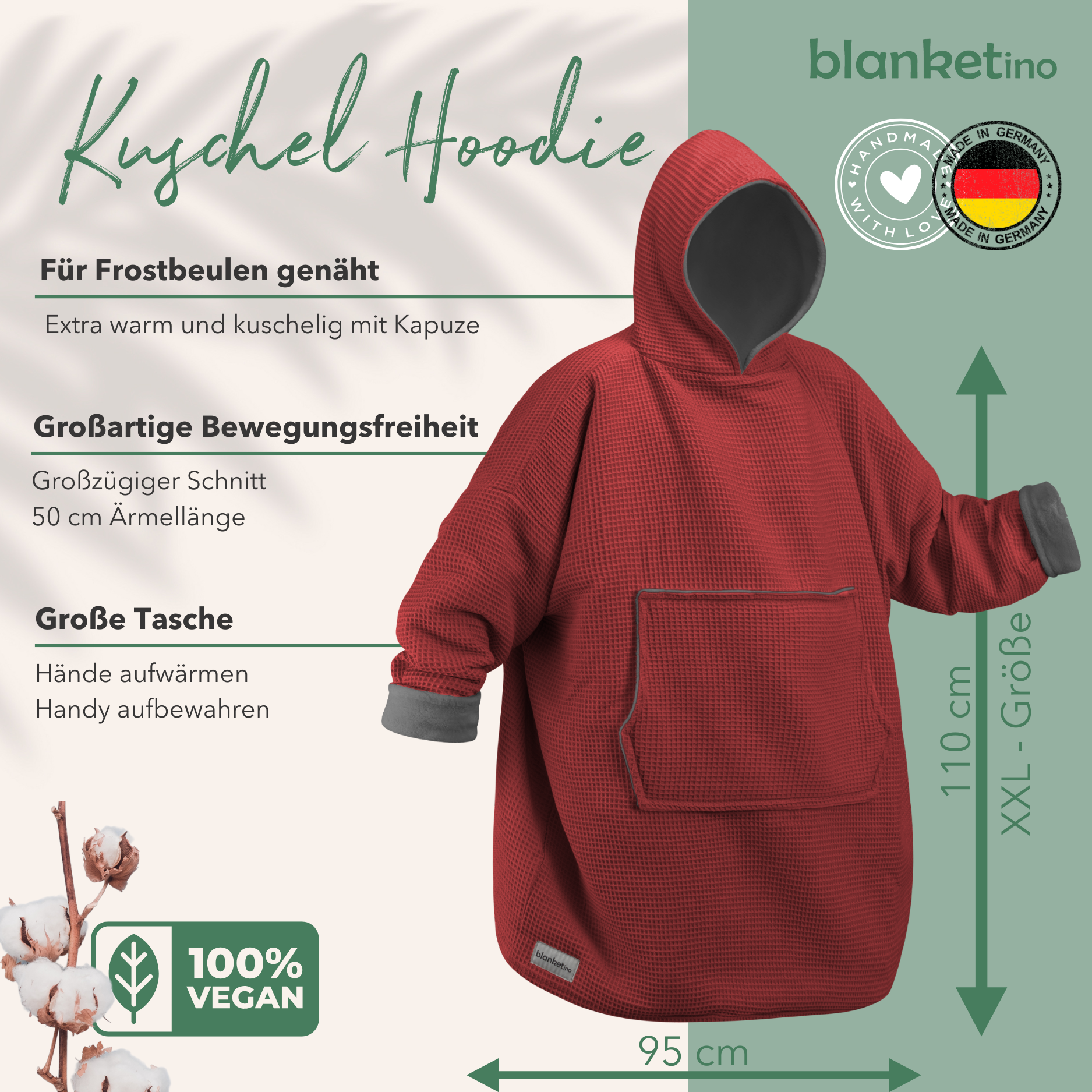 Kuschel-Hoodie mit Kapuze • Weinrot • Stahlgrau