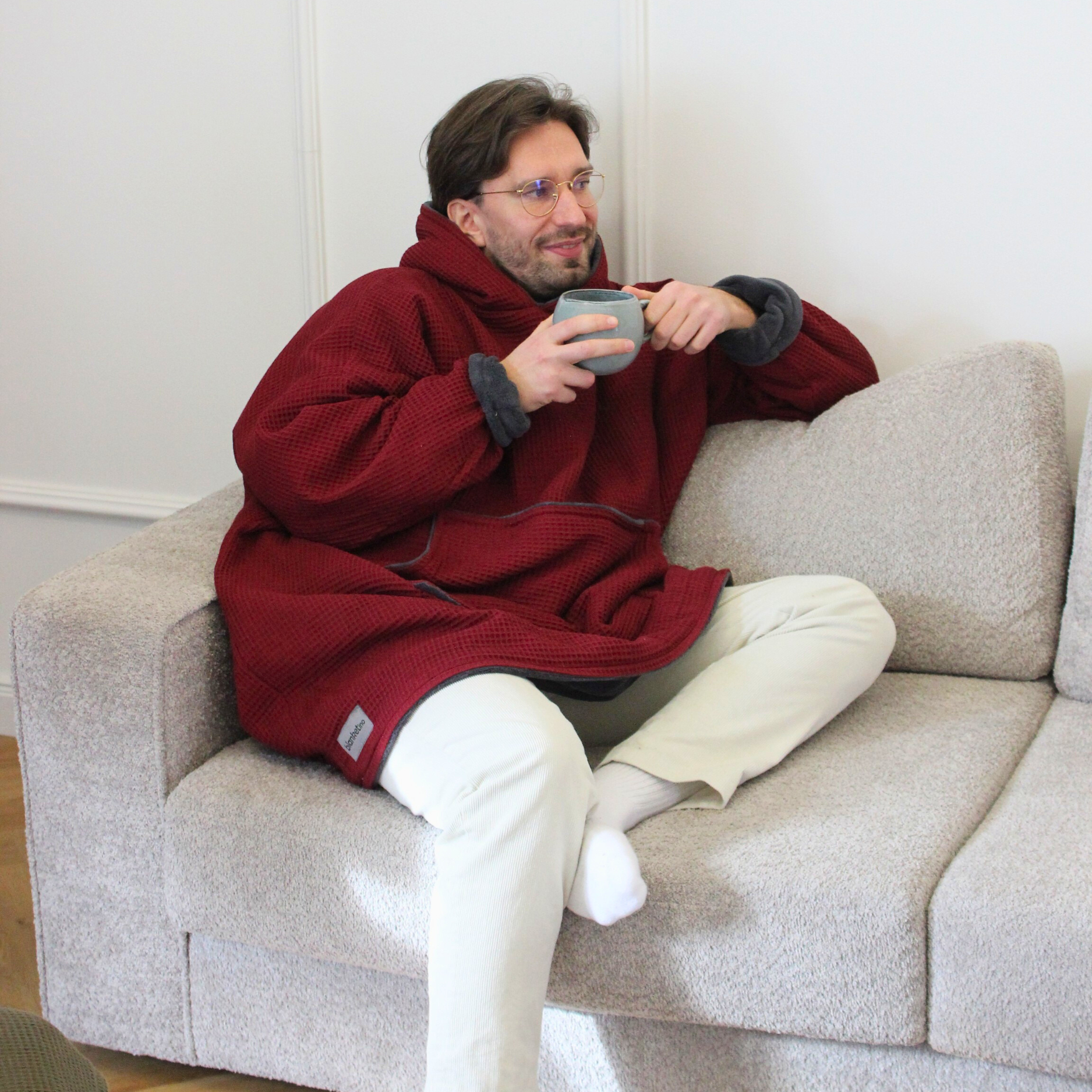Kuschel-Hoodie mit Kapuze • Weinrot • Stahlgrau