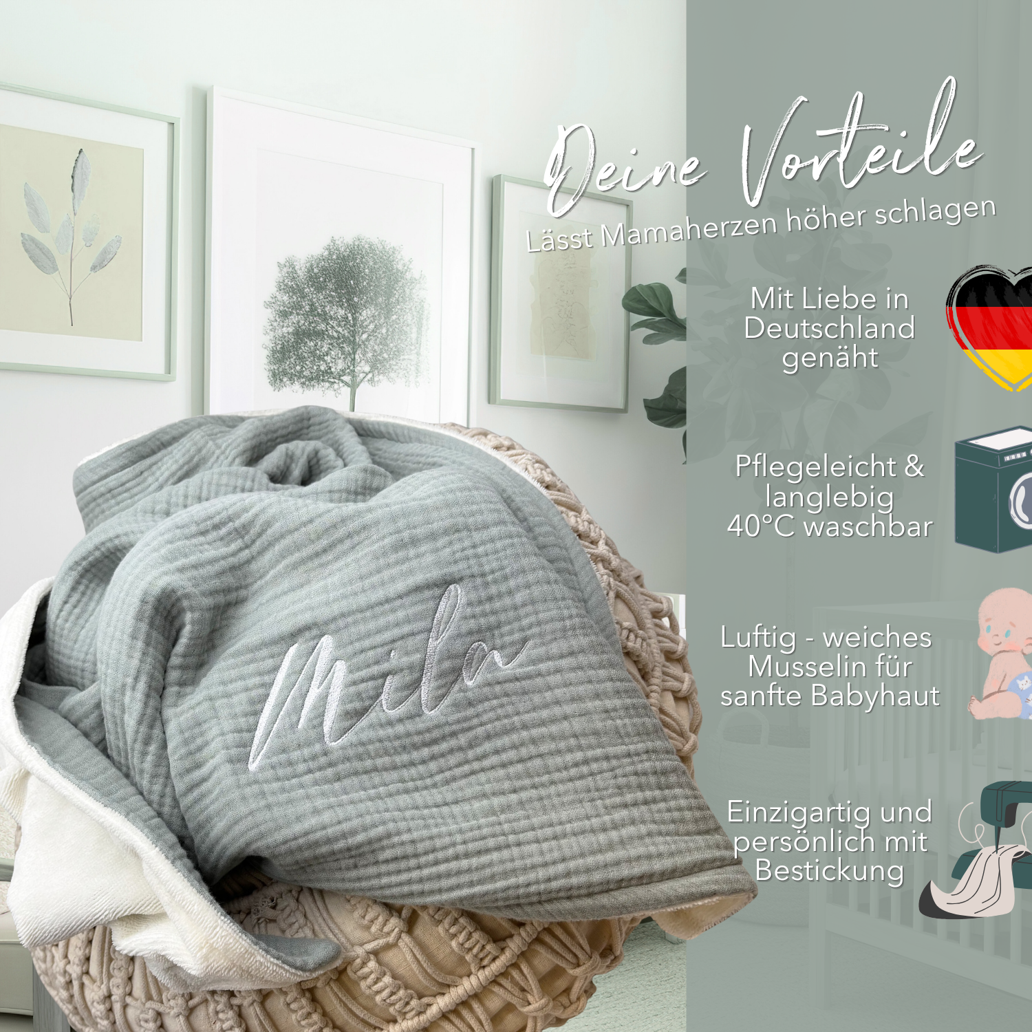 Musselin Babydecke mit Namen - 70 x 100 cm • Salbei