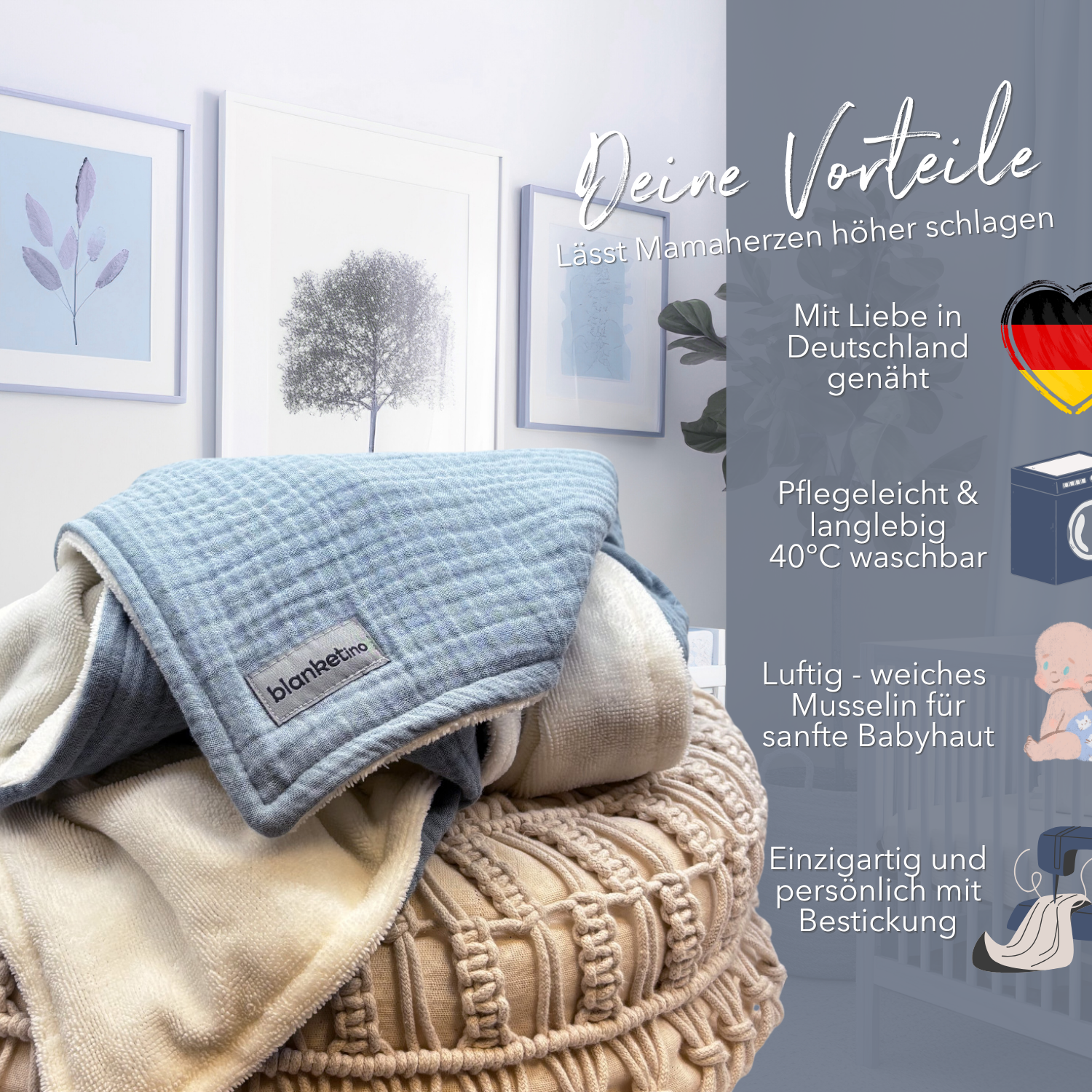 Musselin Babydecke mit Namen - 70 x 100 cm • Morgenblau