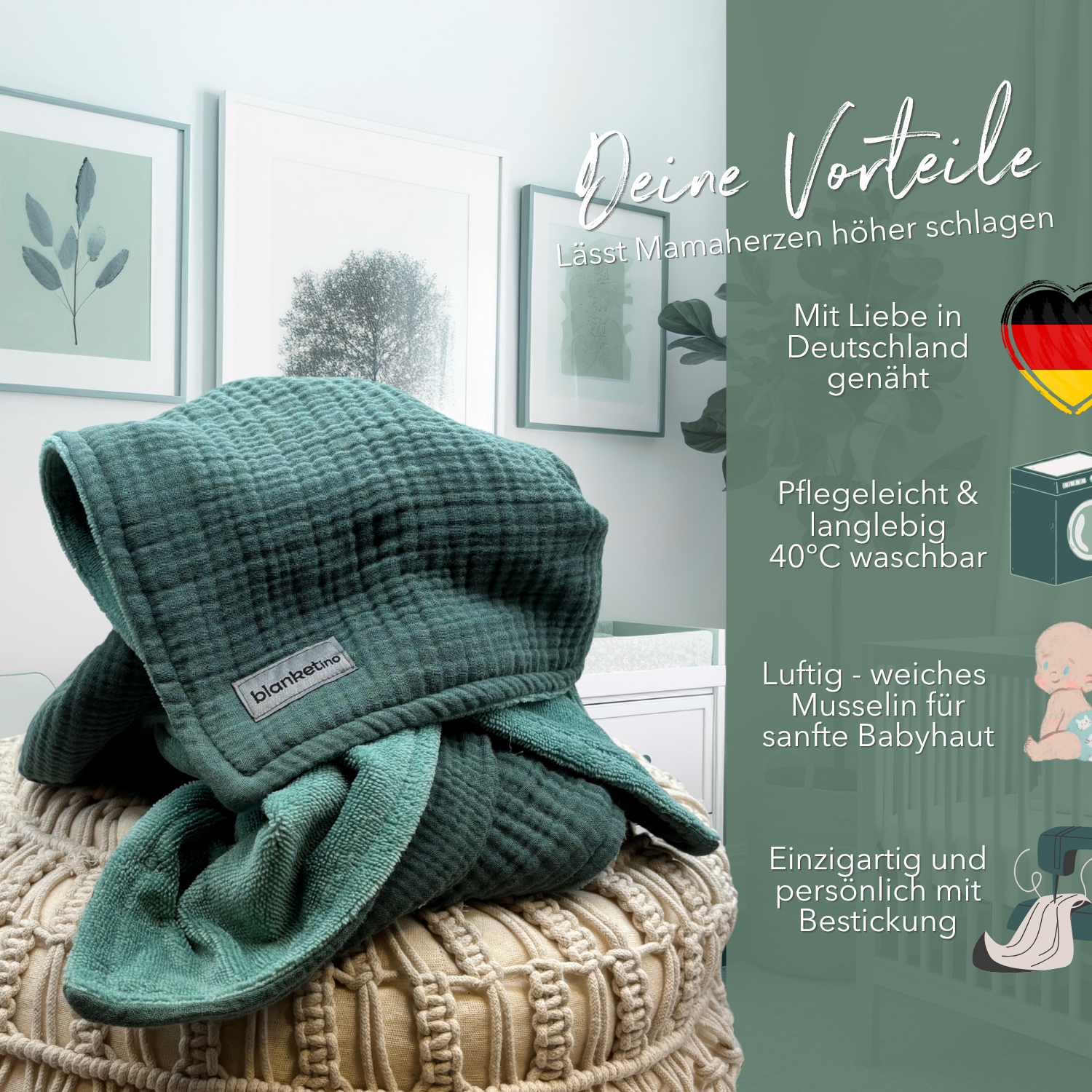 Musselin Babydecke mit Namen - 70 x 100 cm • Dschungelgrün