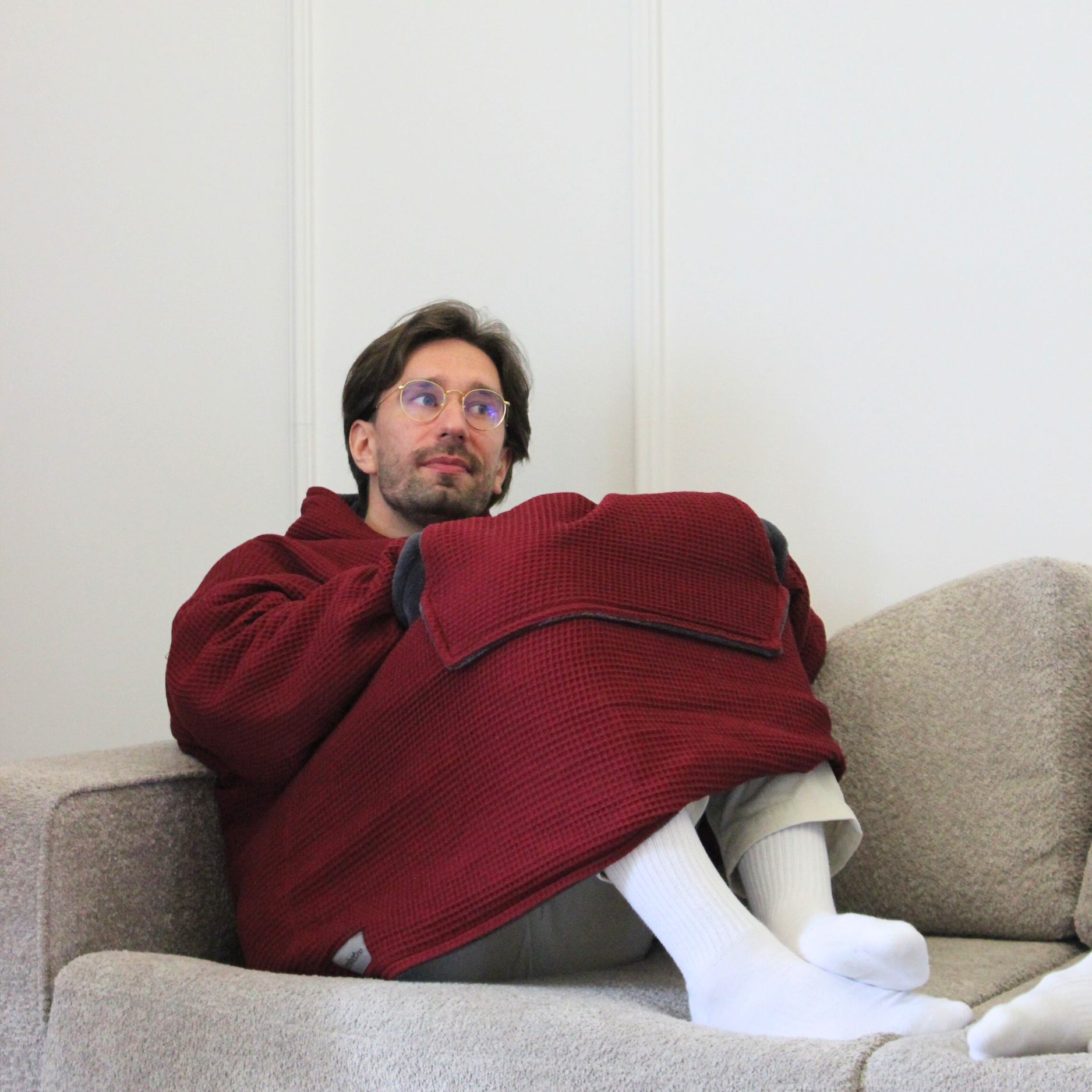 Kuschel-Hoodie mit Kapuze • Weinrot • Stahlgrau