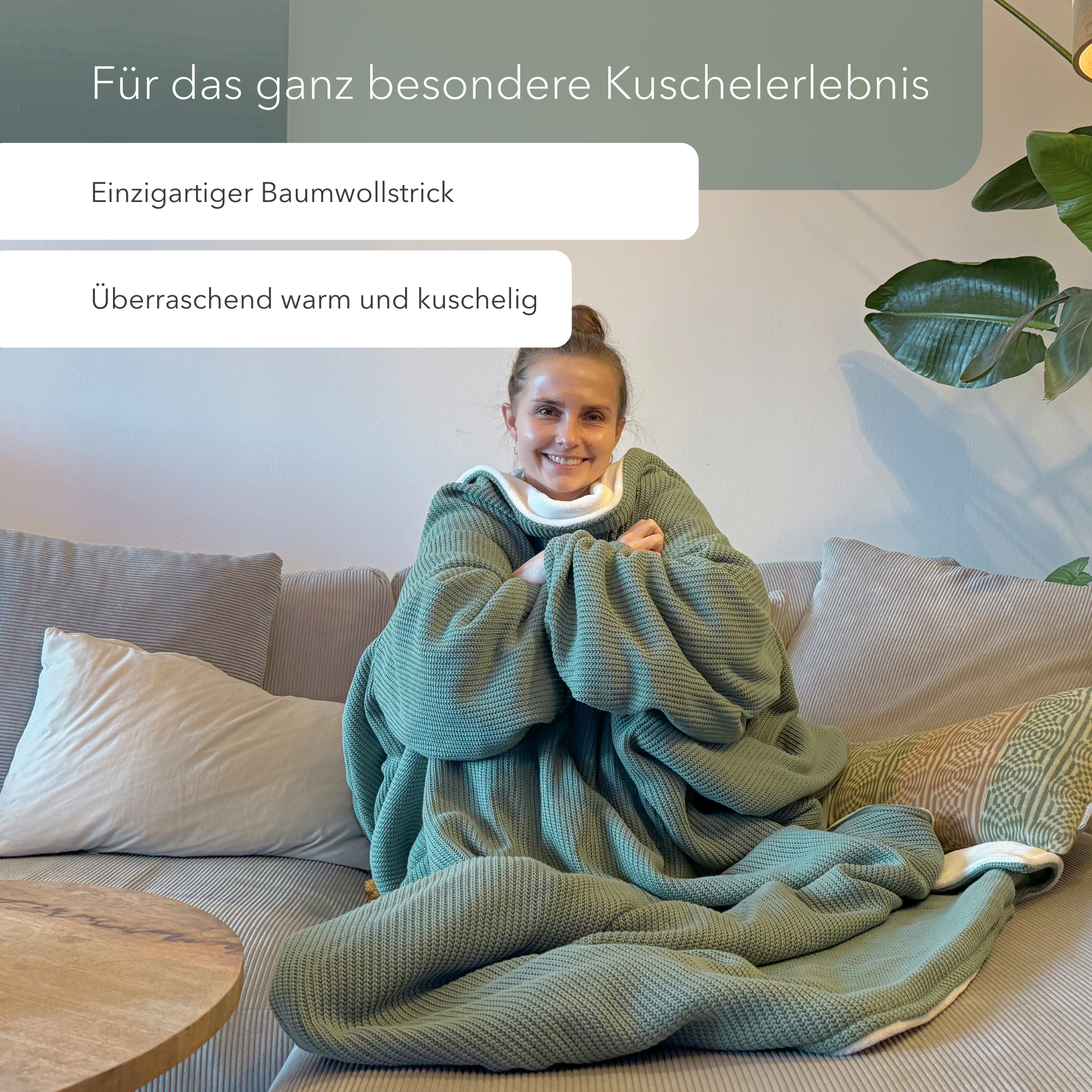 Kuscheldecke mit Ärmeln · Baumwollstrick · Seegrün