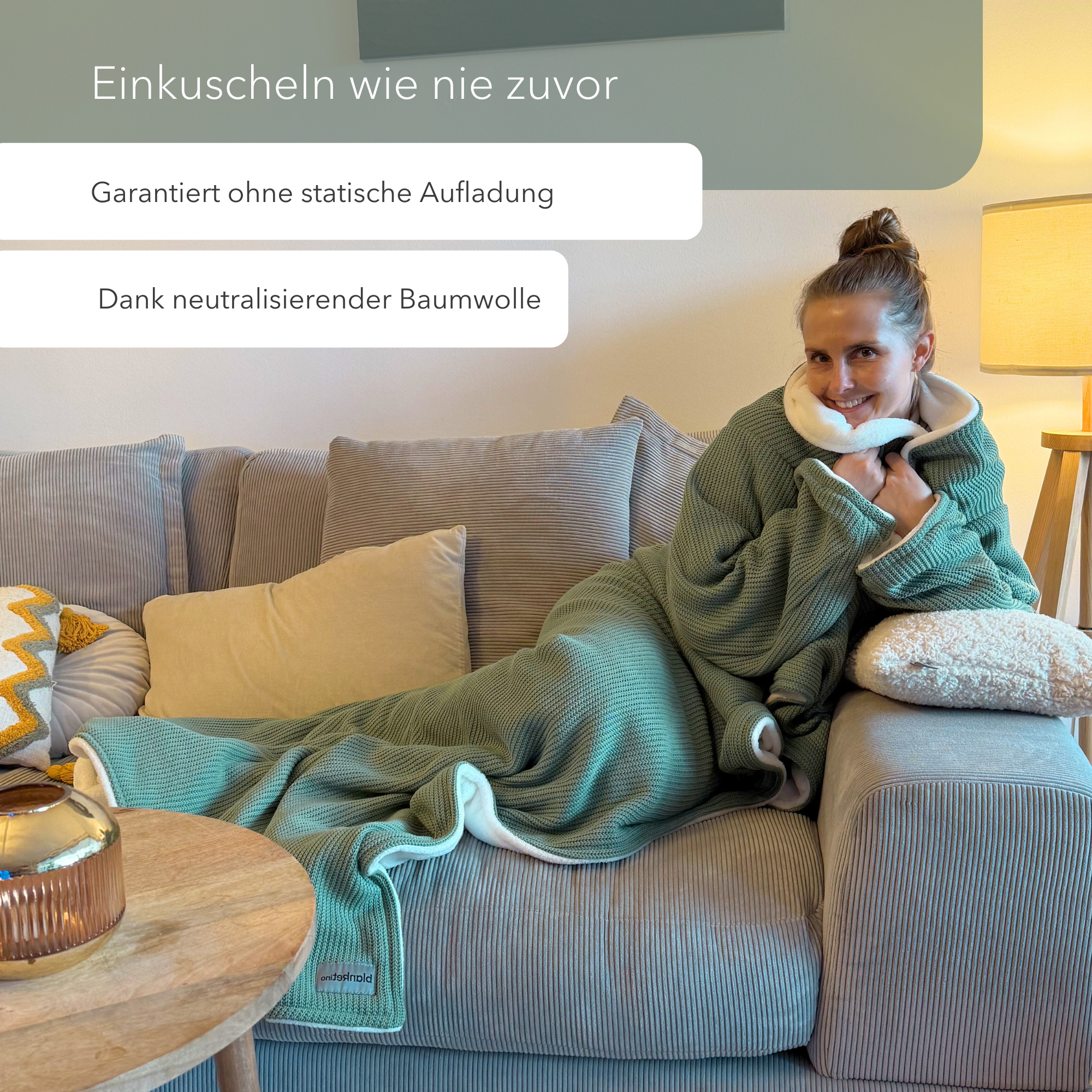 Kuscheldecke mit Ärmeln · Baumwollstrick · Seegrün