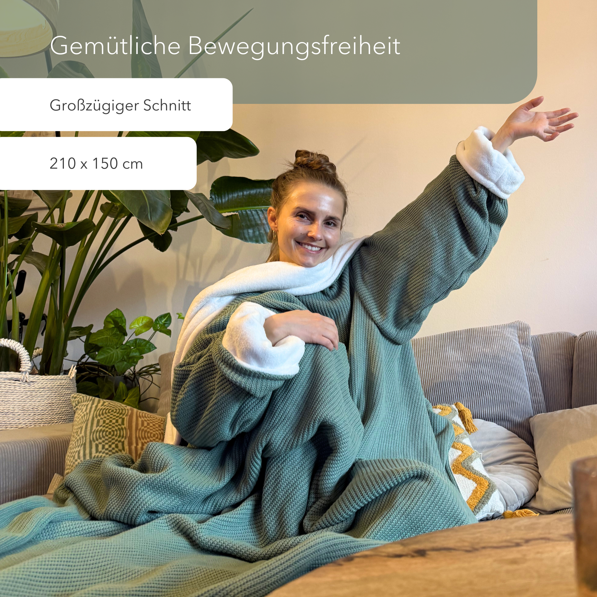 Kuscheldecke mit Ärmeln · Baumwollstrick · Seegrün