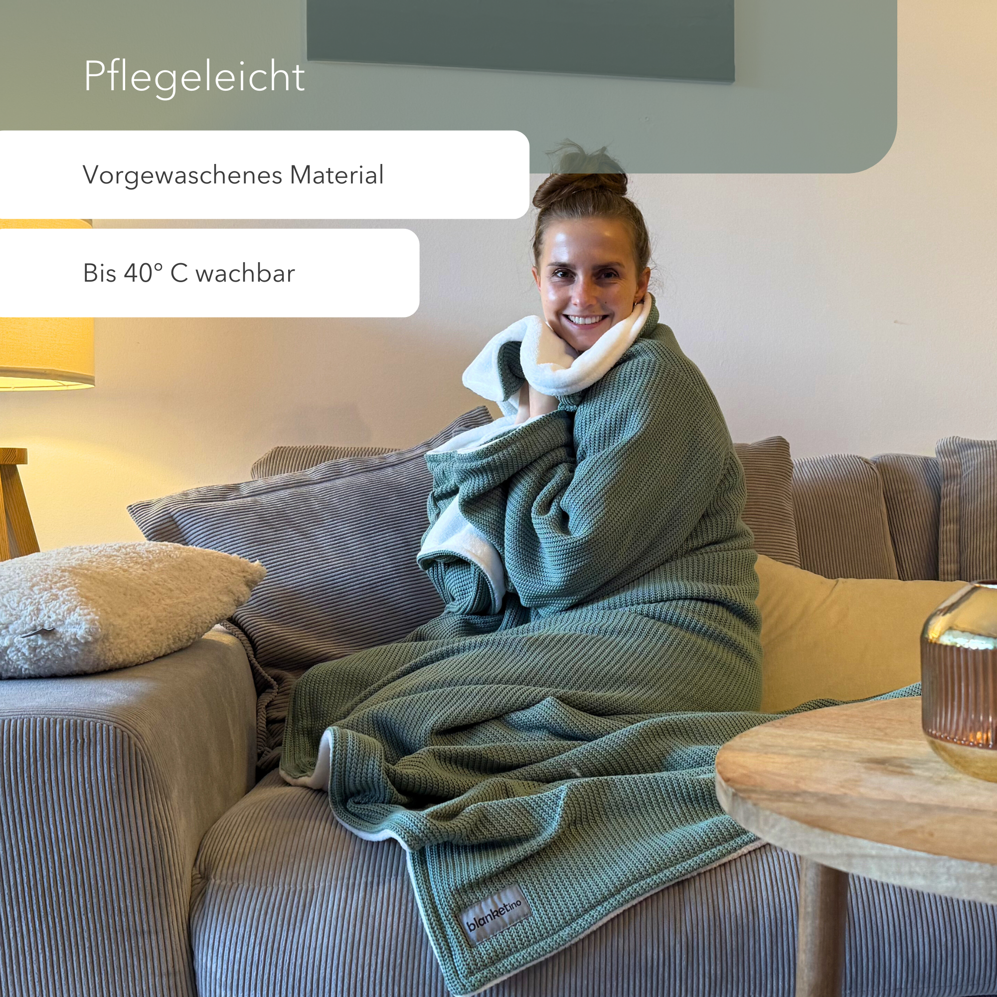 Kuscheldecke mit Ärmeln · Baumwollstrick · Seegrün