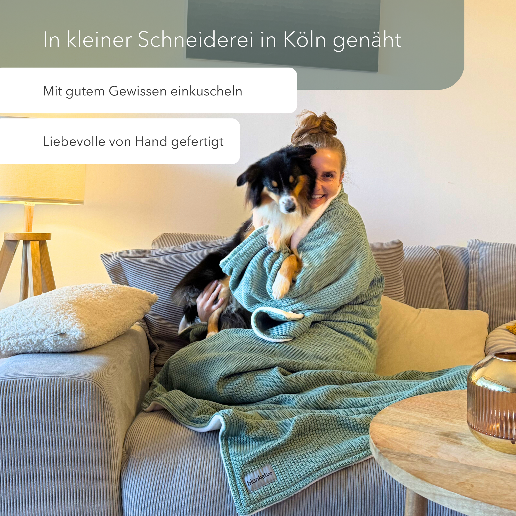 Kuscheldecke mit Ärmeln · Baumwollstrick · Seegrün