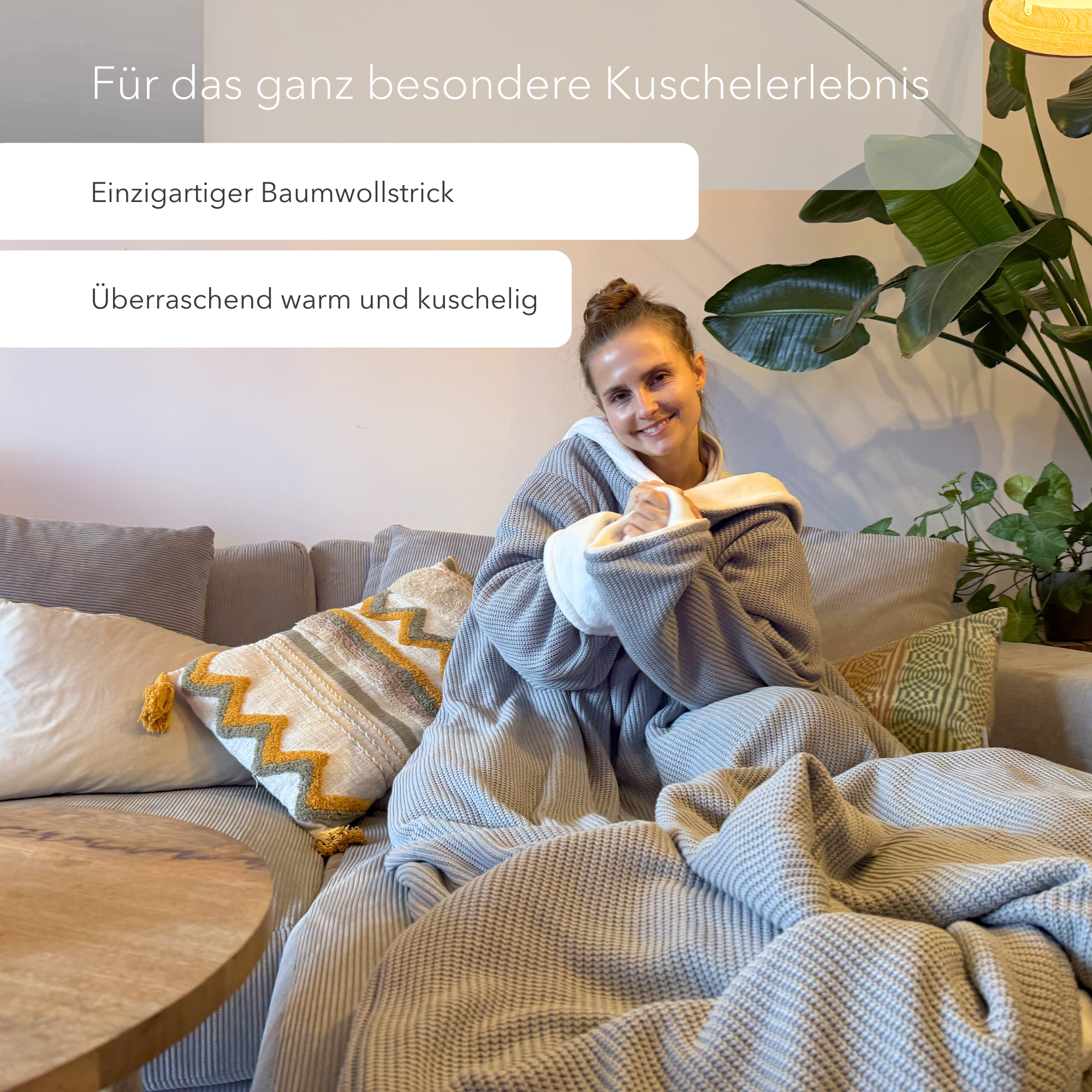 Kuscheldecke mit Ärmeln · Baumwollstrick · Seidengrau