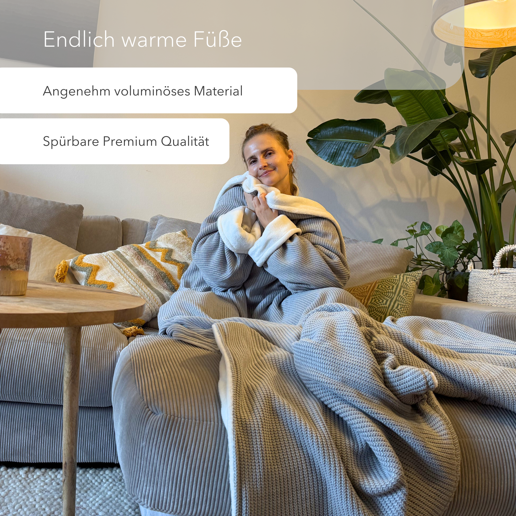 Kuscheldecke mit Ärmeln · Baumwollstrick · Seidengrau