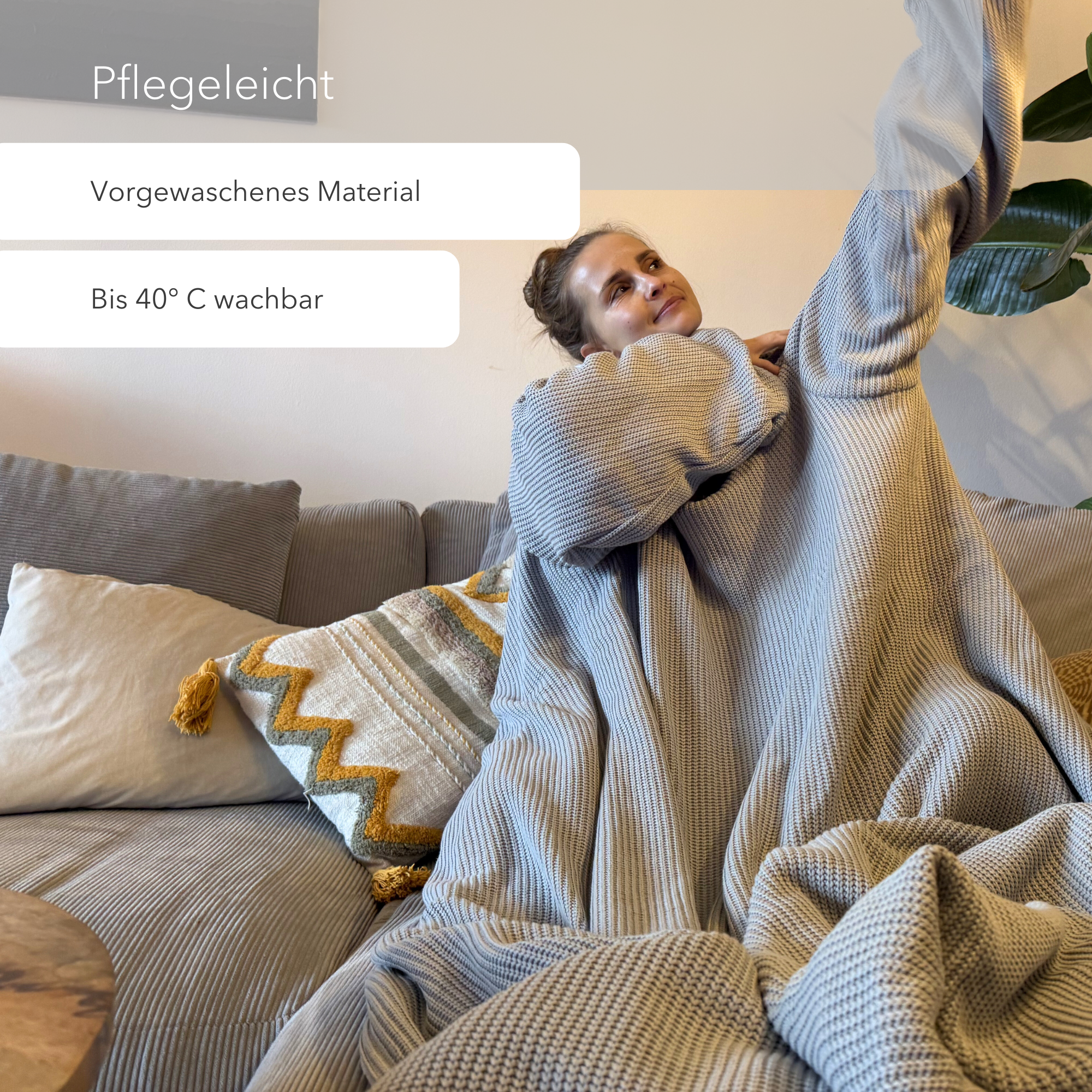 Kuscheldecke mit Ärmeln · Baumwollstrick · Seidengrau