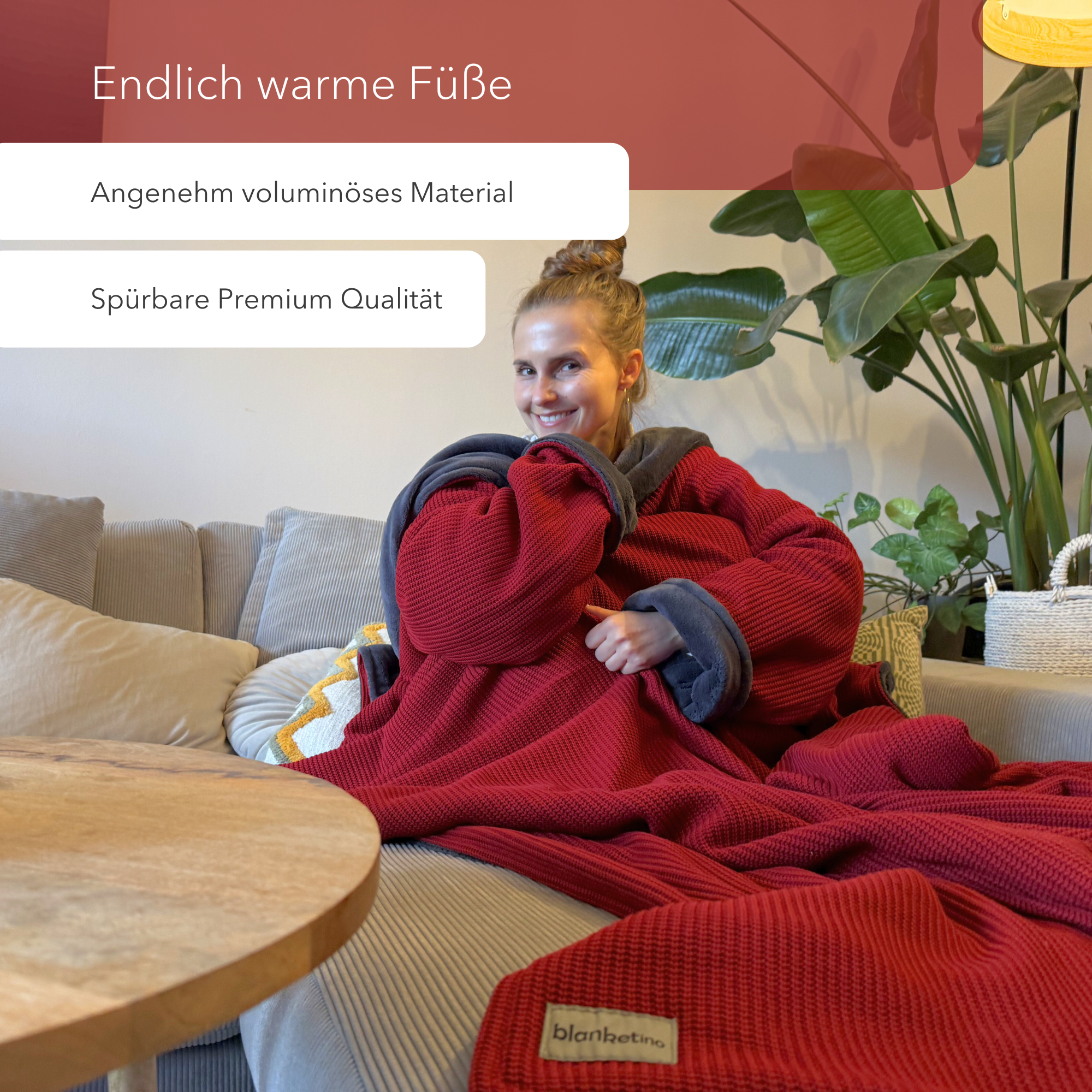 Kuscheldecke mit Ärmeln • Strick • Weinrot-Grau