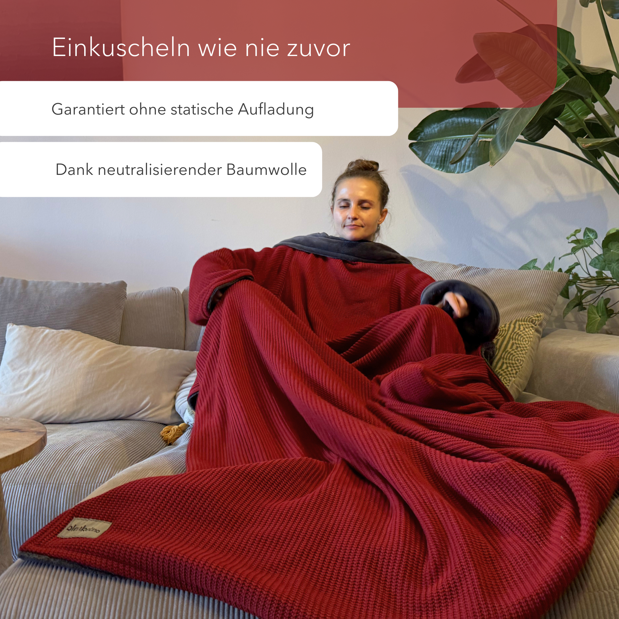 Kuscheldecke mit Ärmeln • Strick • Weinrot-Grau