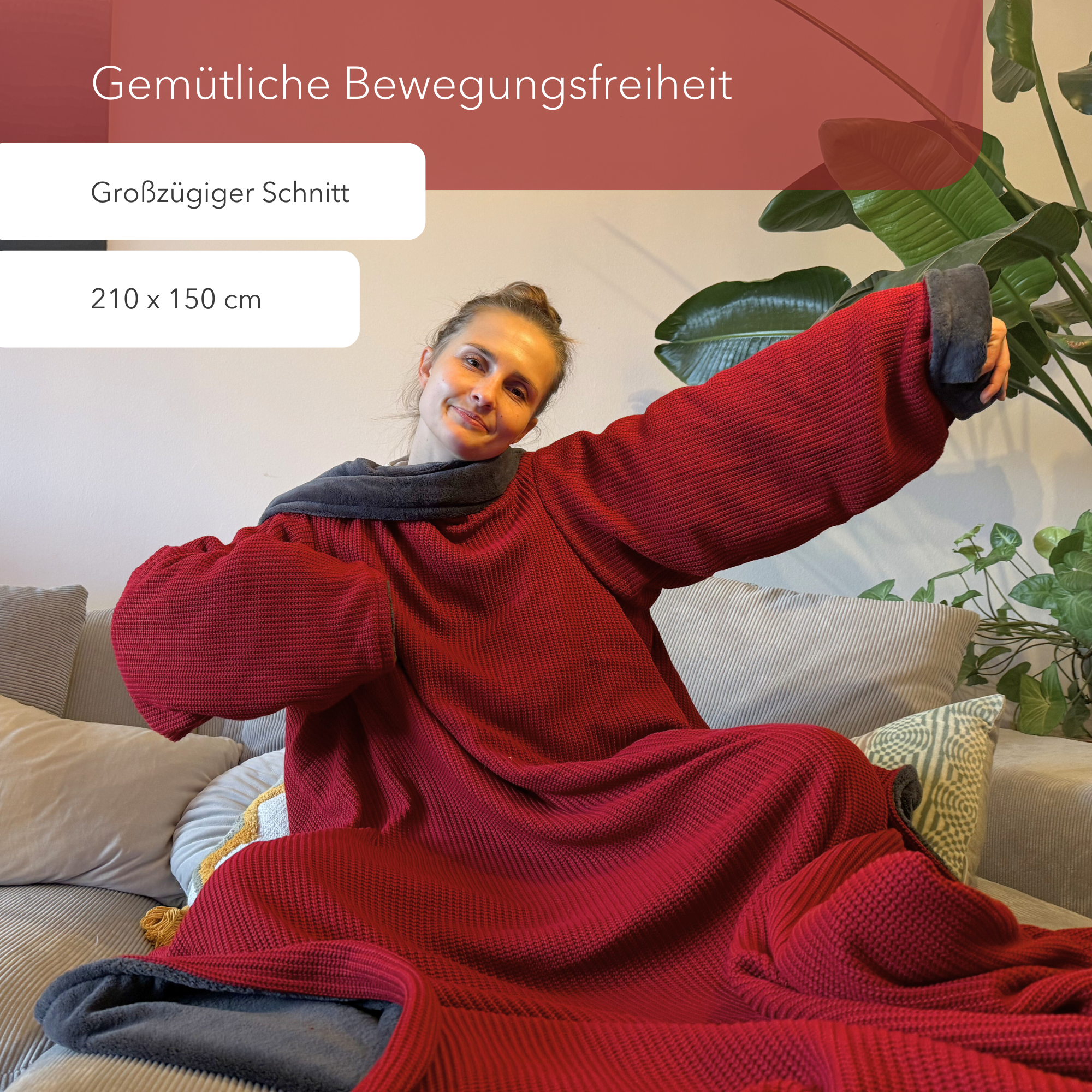 Kuscheldecke mit Ärmeln • Strick • Weinrot-Grau