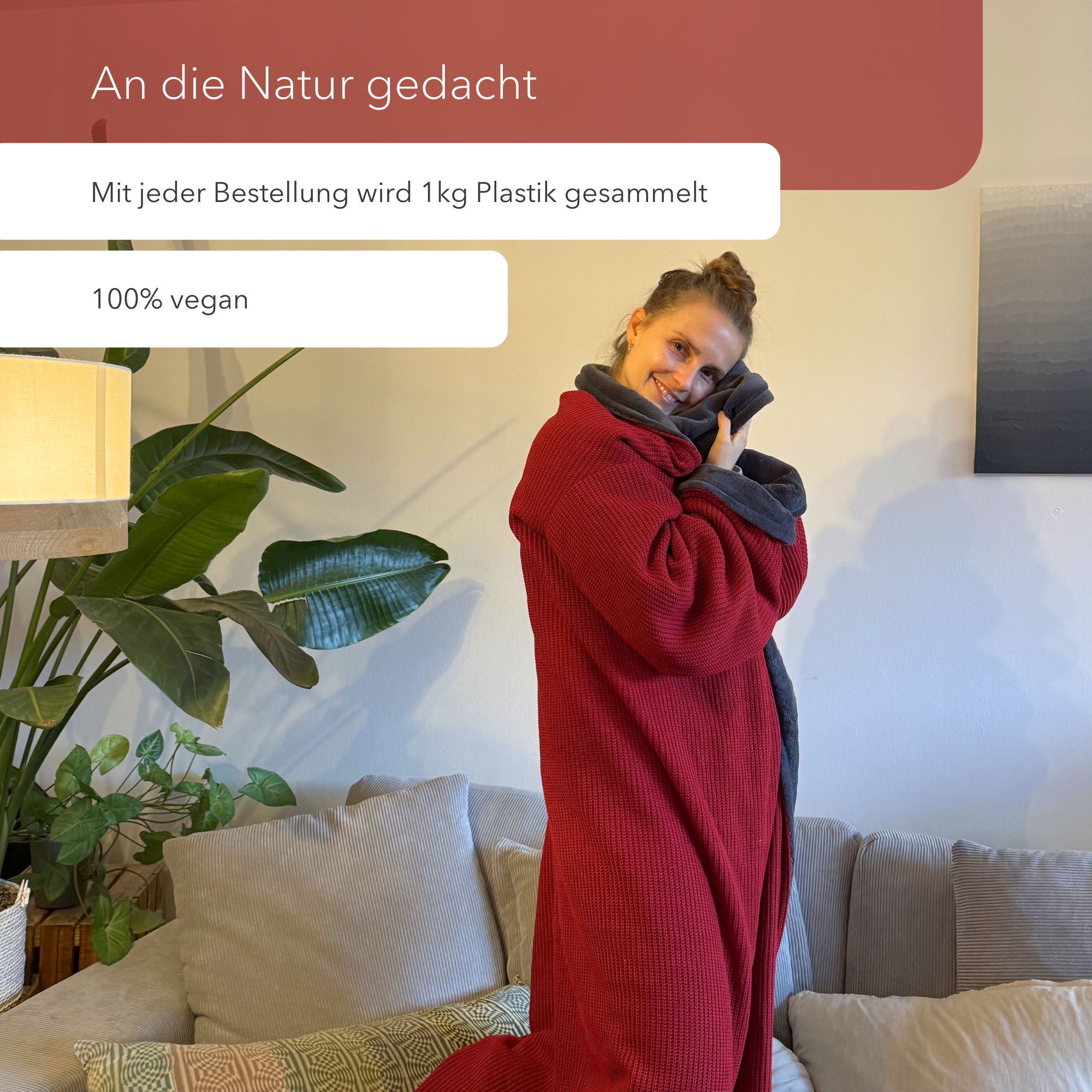 Kuscheldecke mit Ärmeln • Strick • Weinrot-Grau