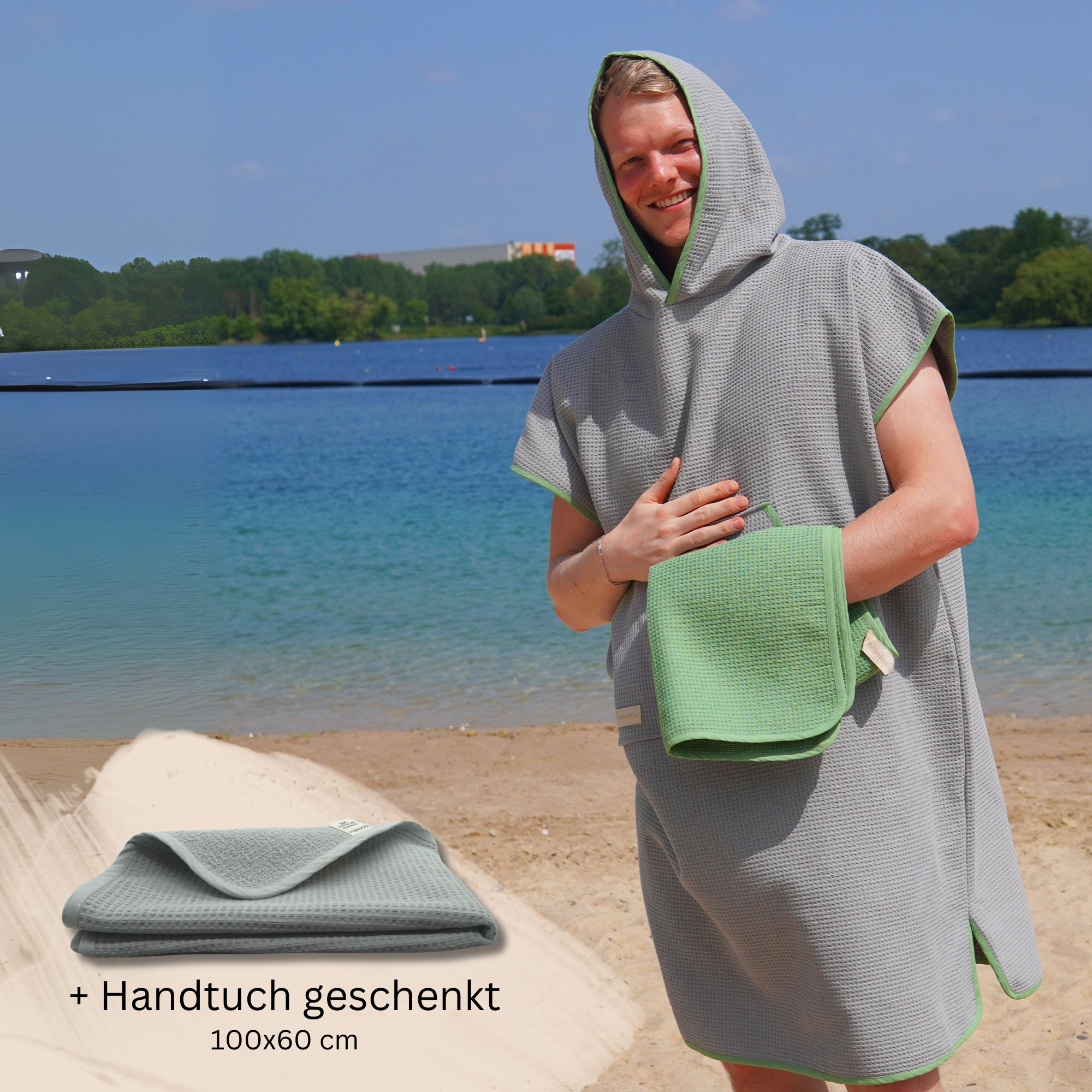Poncho für Strand und Sauna • Steingrau • mit grünem Akzent