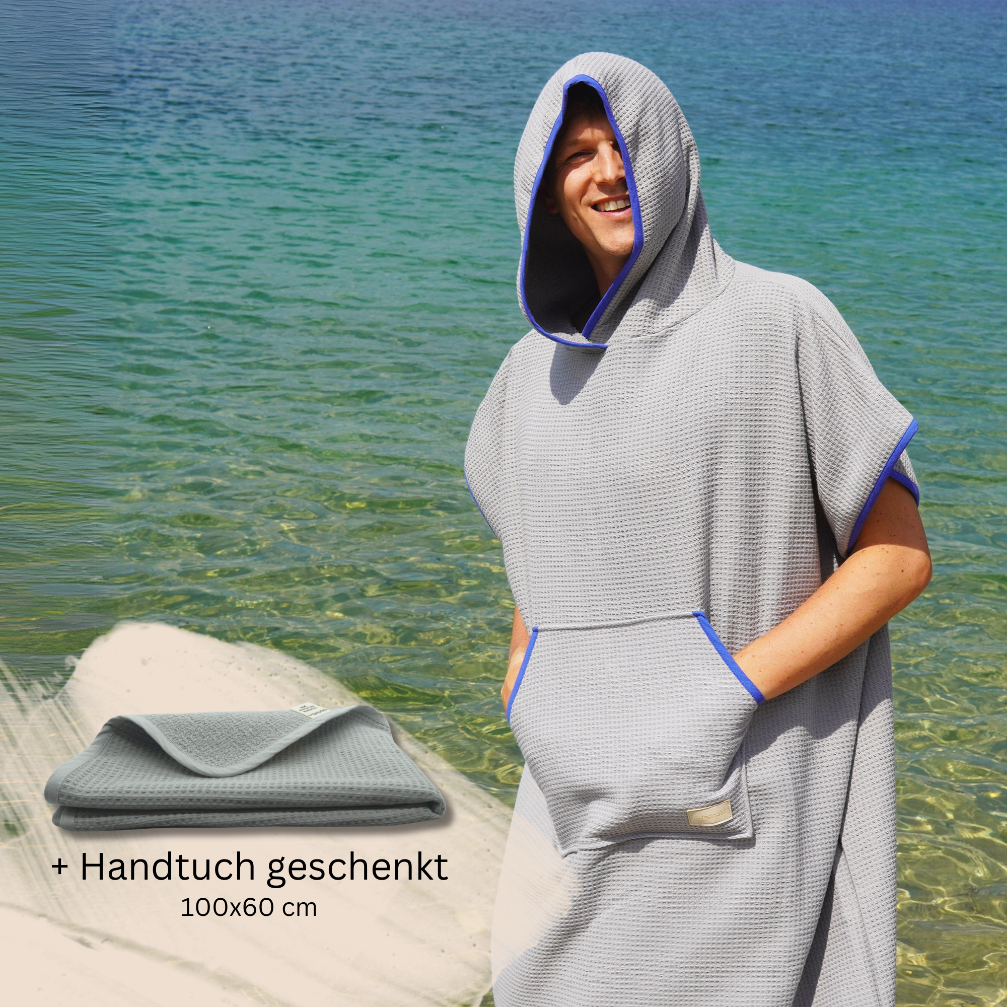 Poncho für Strand und Sauna • Steingrau • mit blauem Akzent