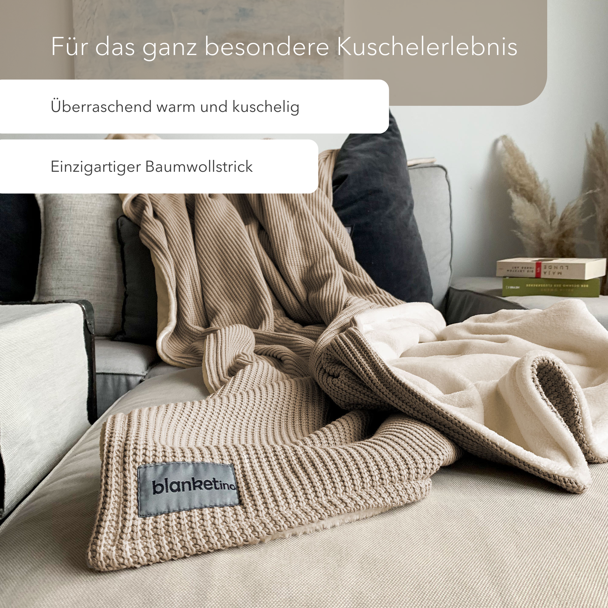 Kuscheldecke mit Baumwollstrick • Mandel-Beige