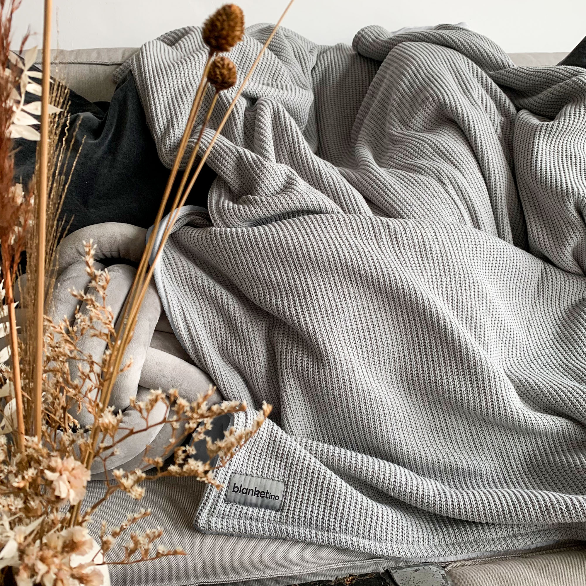Kuscheldecke mit Baumwollstrick • Grau-Gletschergrau