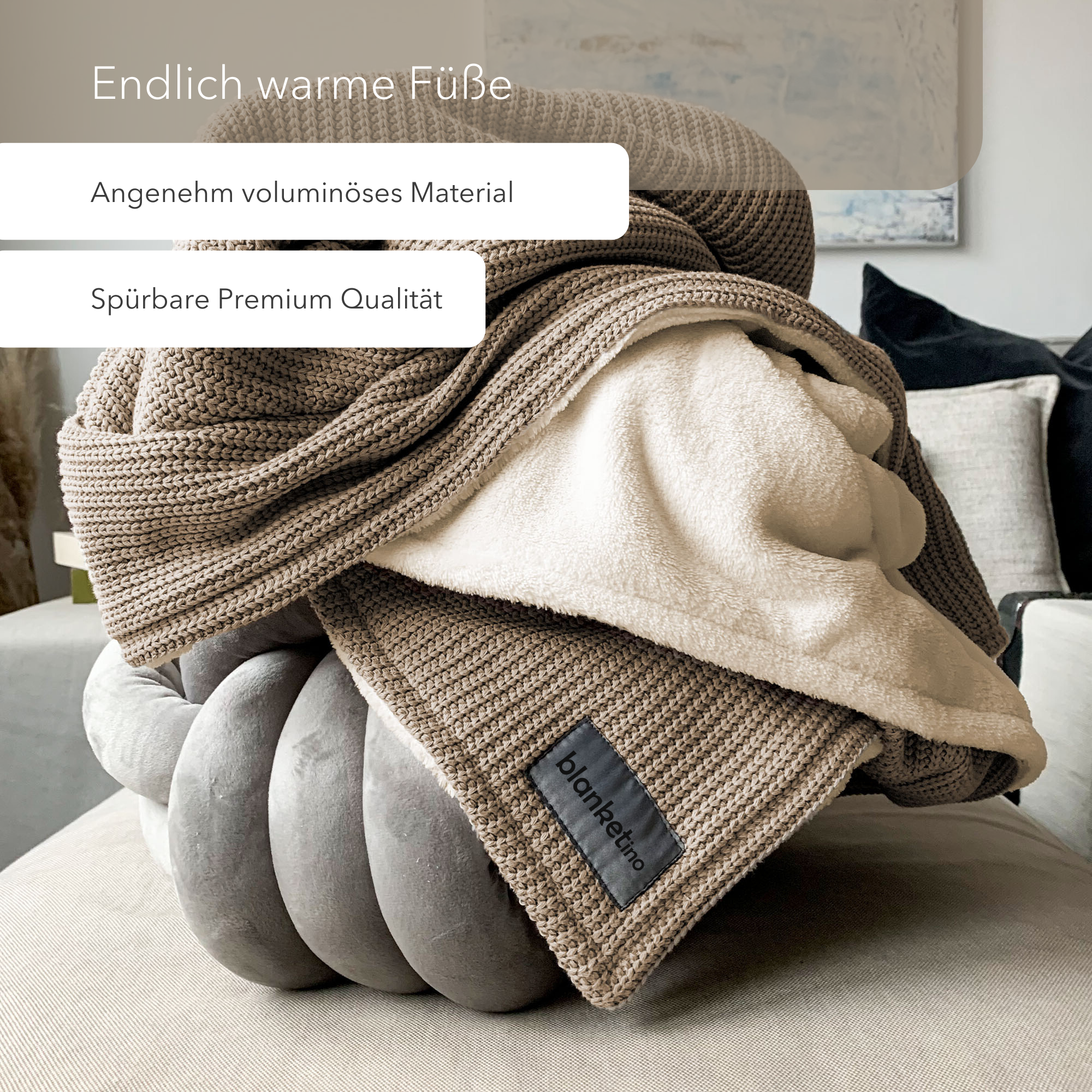 Kuscheldecke mit Baumwollstrick • Mandel-Beige