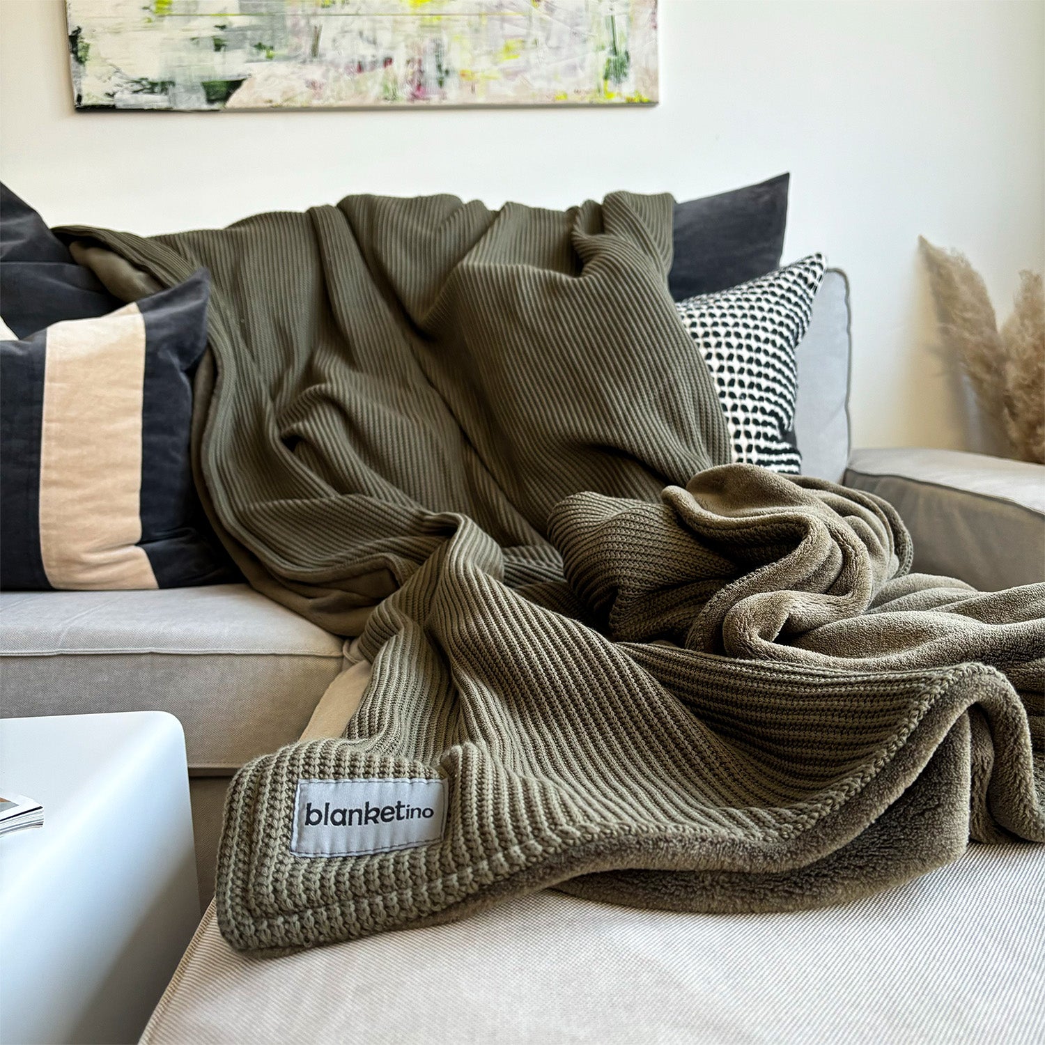 Kuscheldecke mit Baumwollstrick • Dunkelgrün