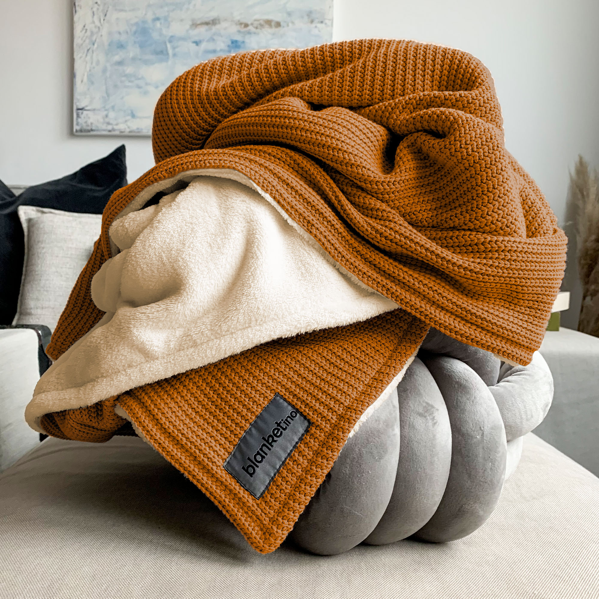 Kuscheldecke mit Baumwollstrick · Cognac·Beige
