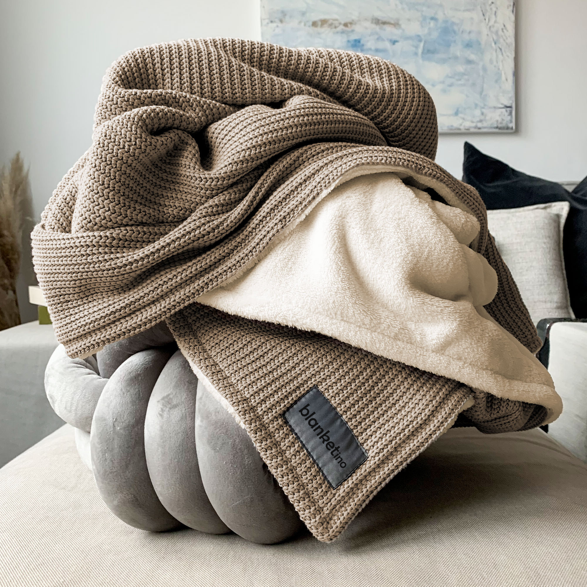 Kuscheldecke mit Baumwollstrick • Mandel-Beige