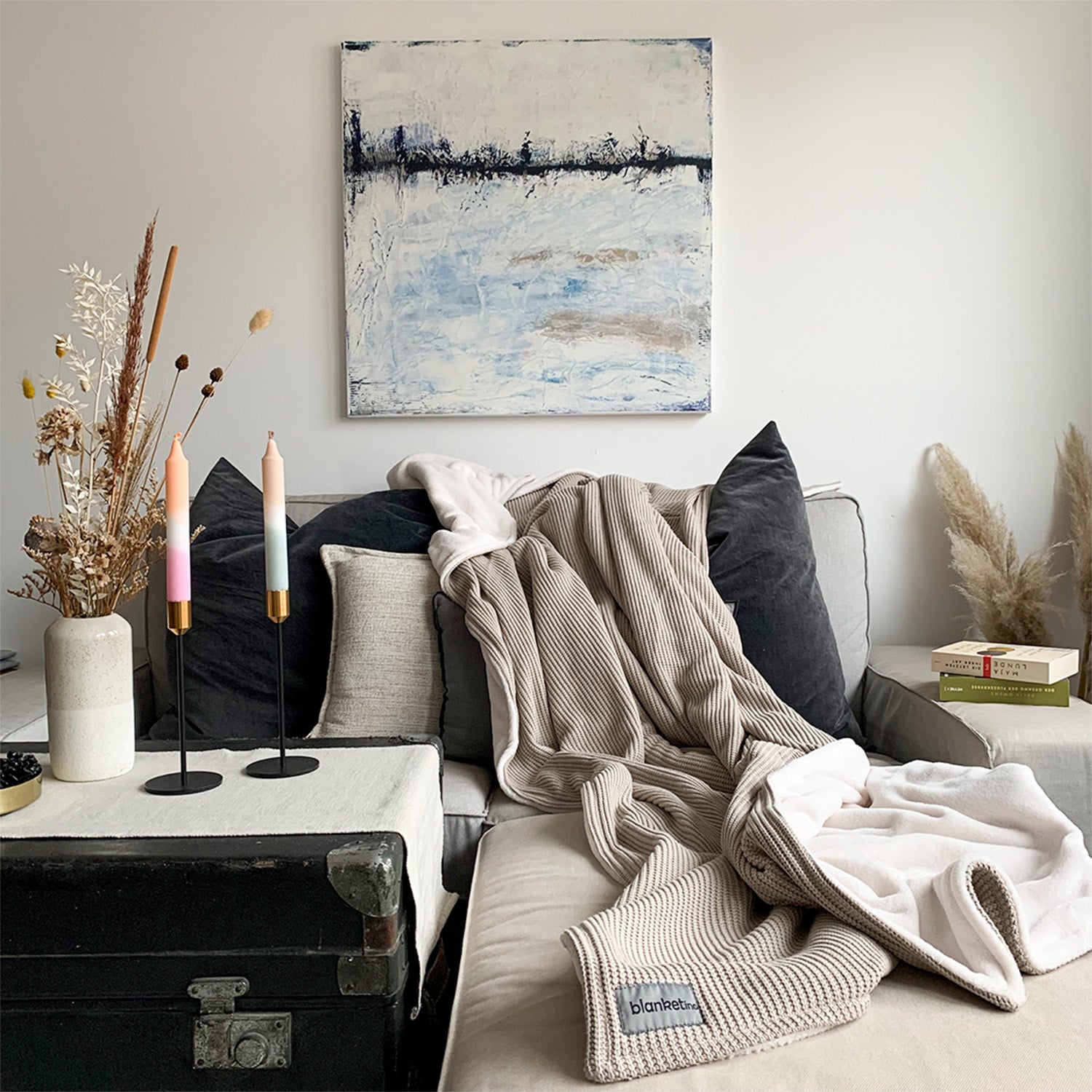 Kuscheldecke mit Baumwollstrick • Champagner