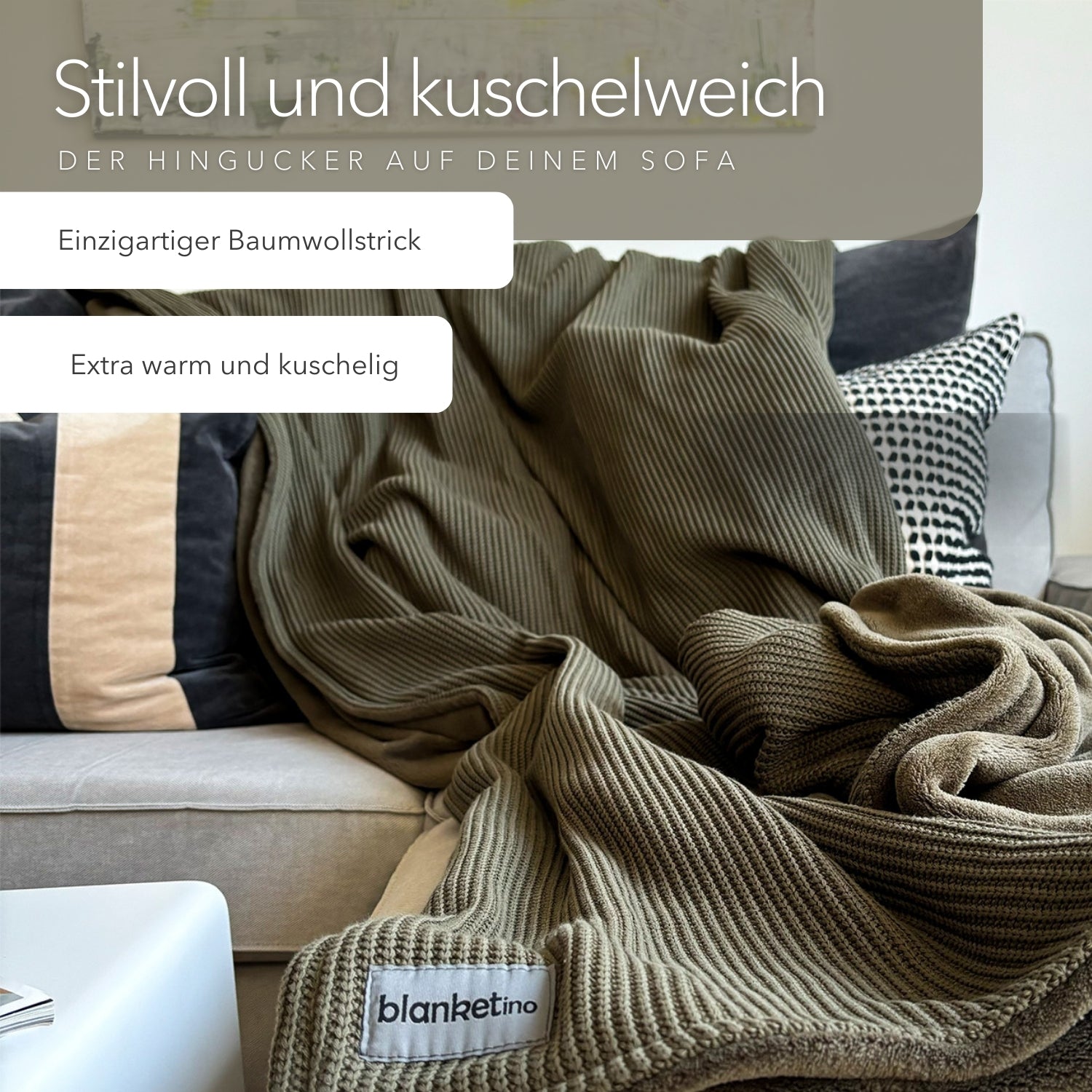 Kuscheldecke mit Baumwollstrick · Dunkelgrün