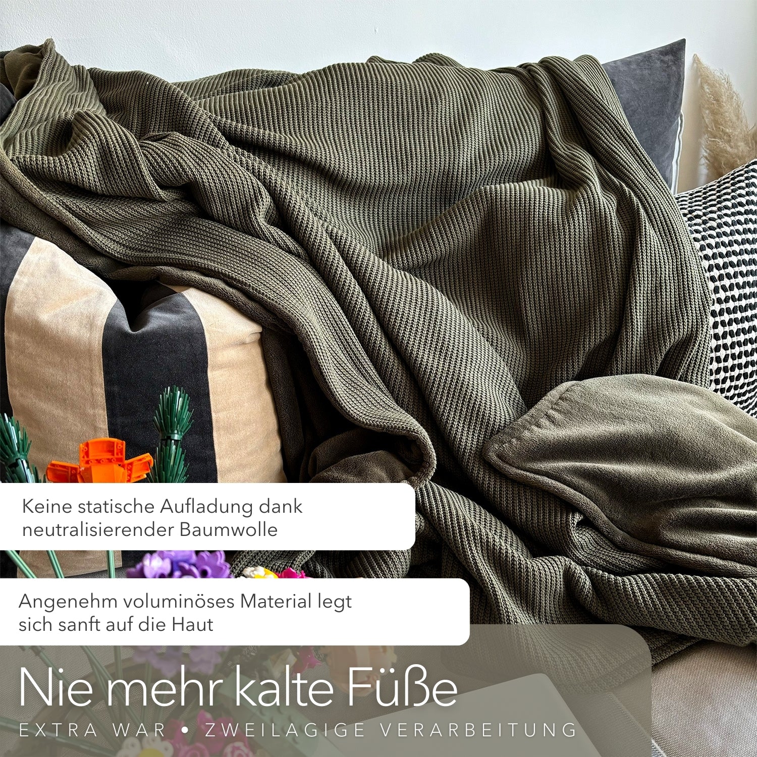 Kuscheldecke mit Baumwollstrick · Dunkelgrün