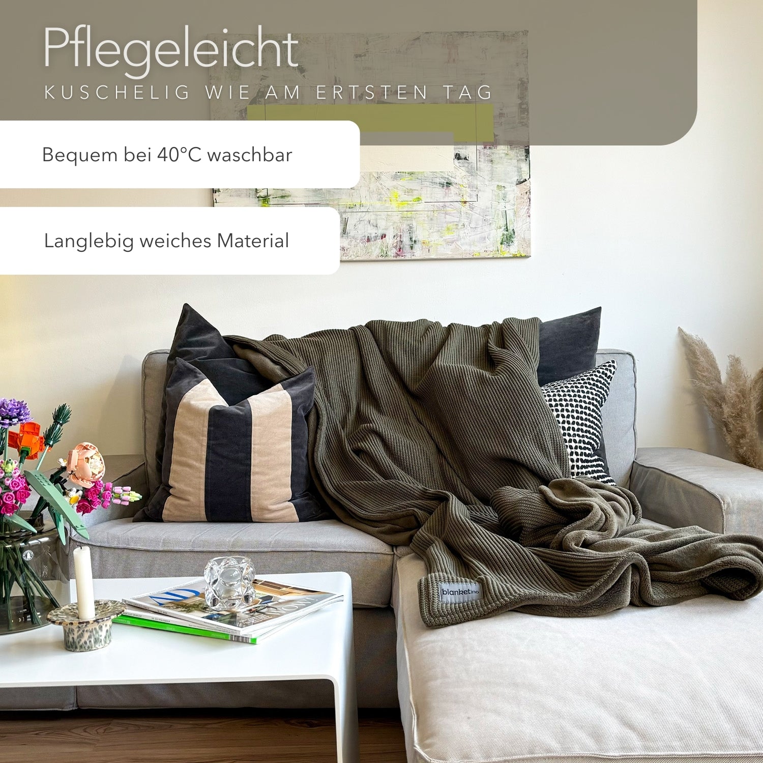 Kuscheldecke mit Baumwollstrick · Dunkelgrün