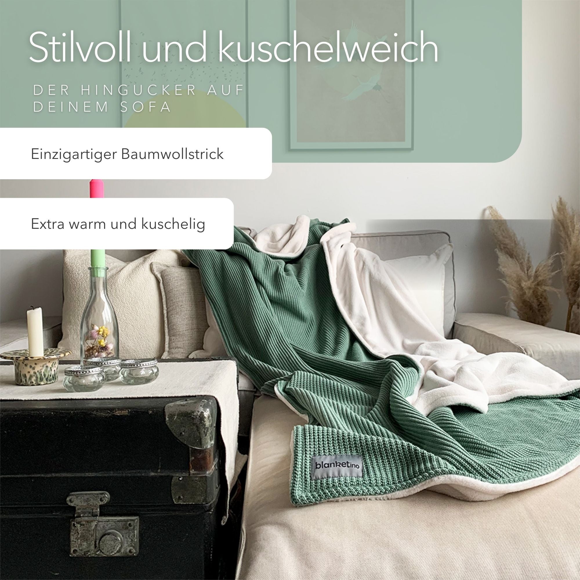 Kuscheldecke mit Baumwollstrick • Seegrün