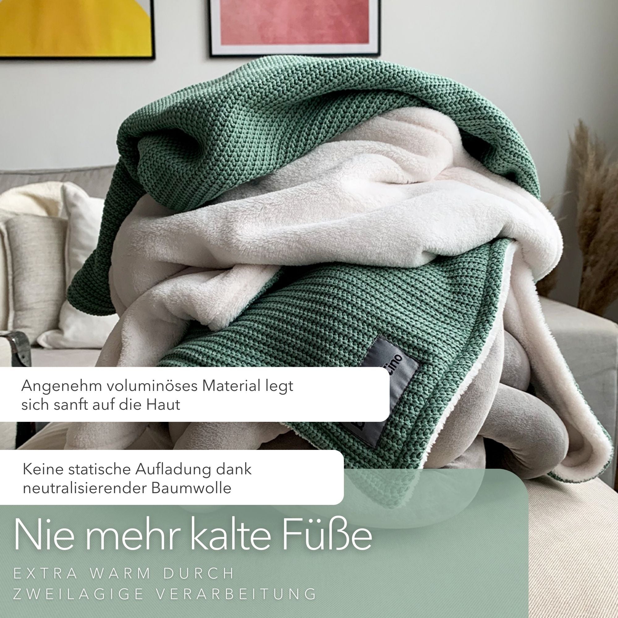 Kuscheldecke mit Baumwollstrick • Seegrün
