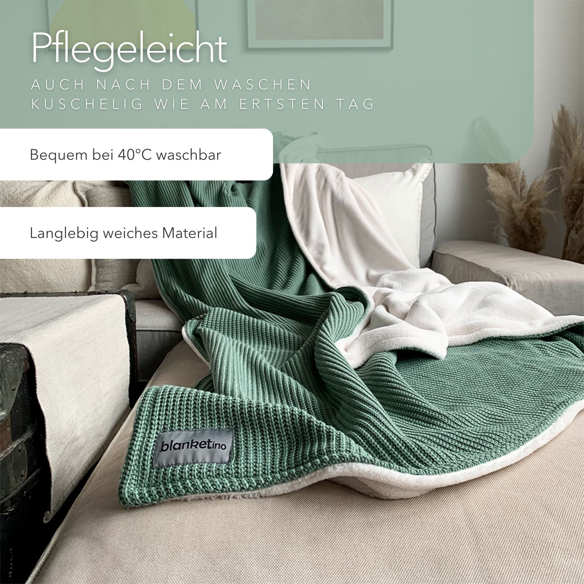 Kuscheldecke mit Baumwollstrick • Seegrün