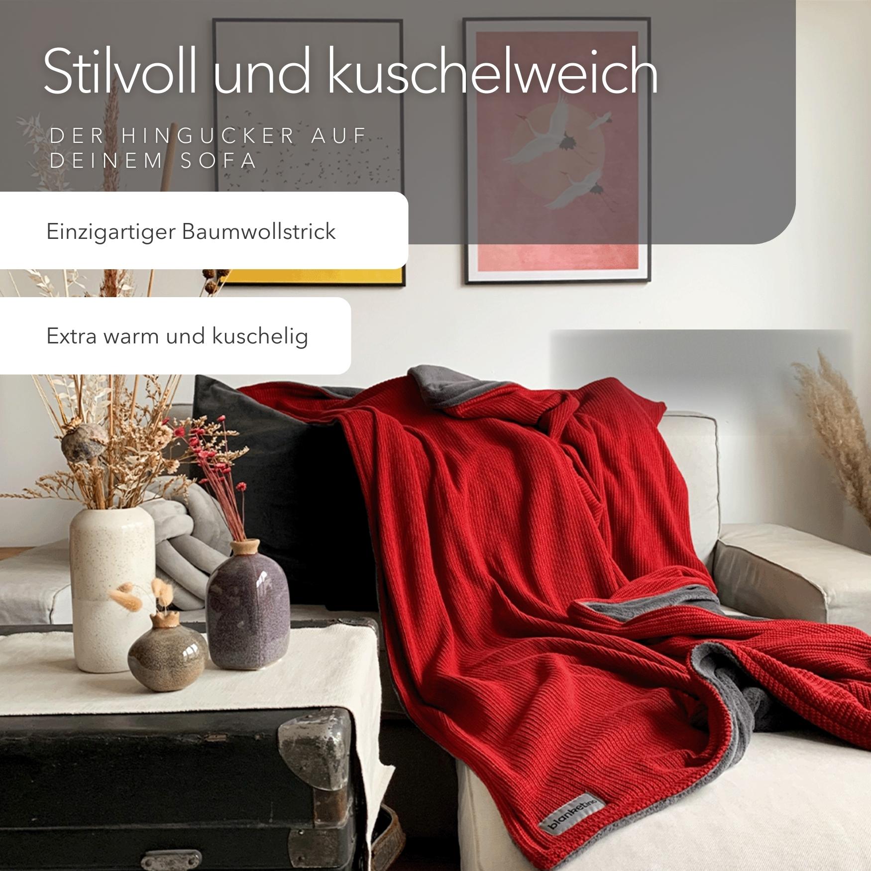 Kuscheldecke mit Baumwollstrick • Rot-Stahlgrau
