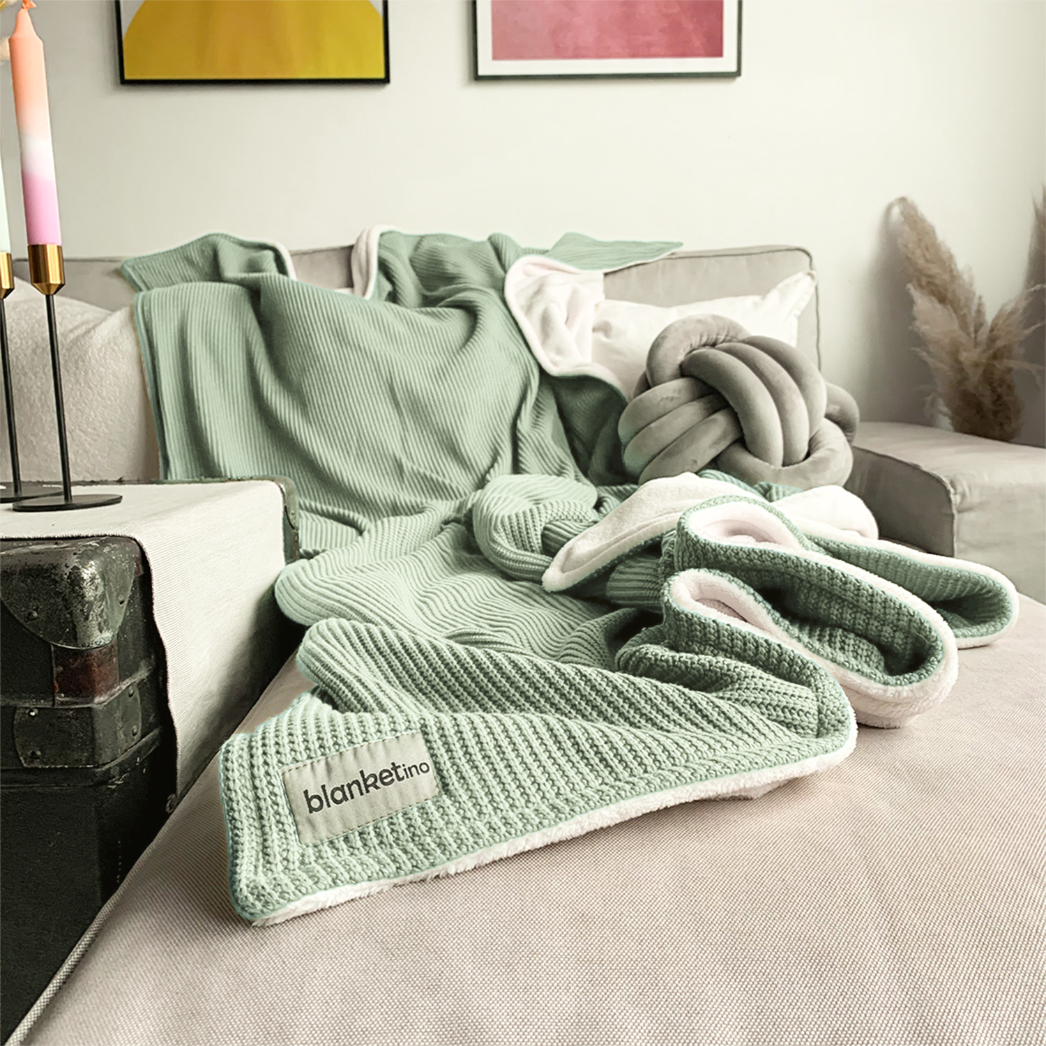 Kuscheldecke mit Baumwollstrick · Pistazie