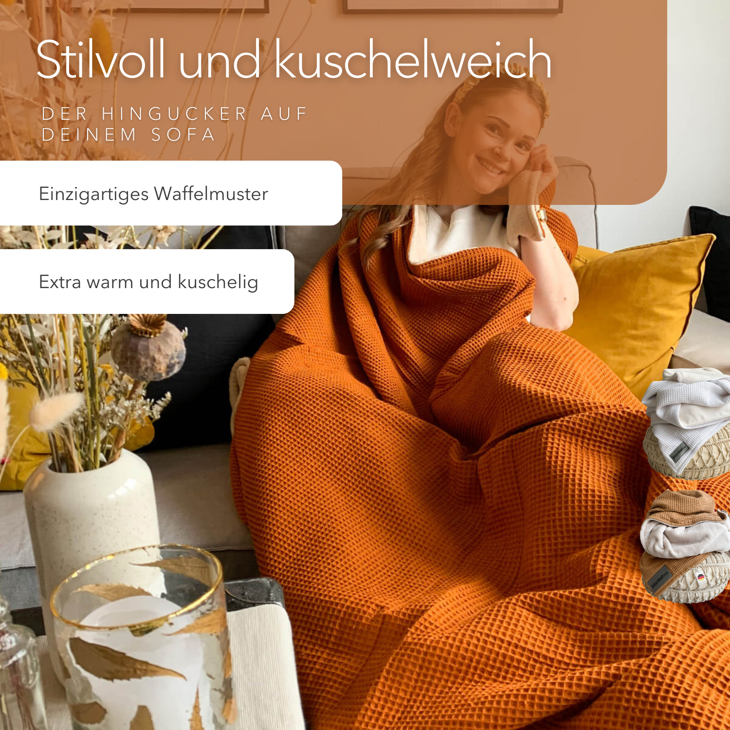 Kuscheldecke "Vollkommen" Cognac · Beige