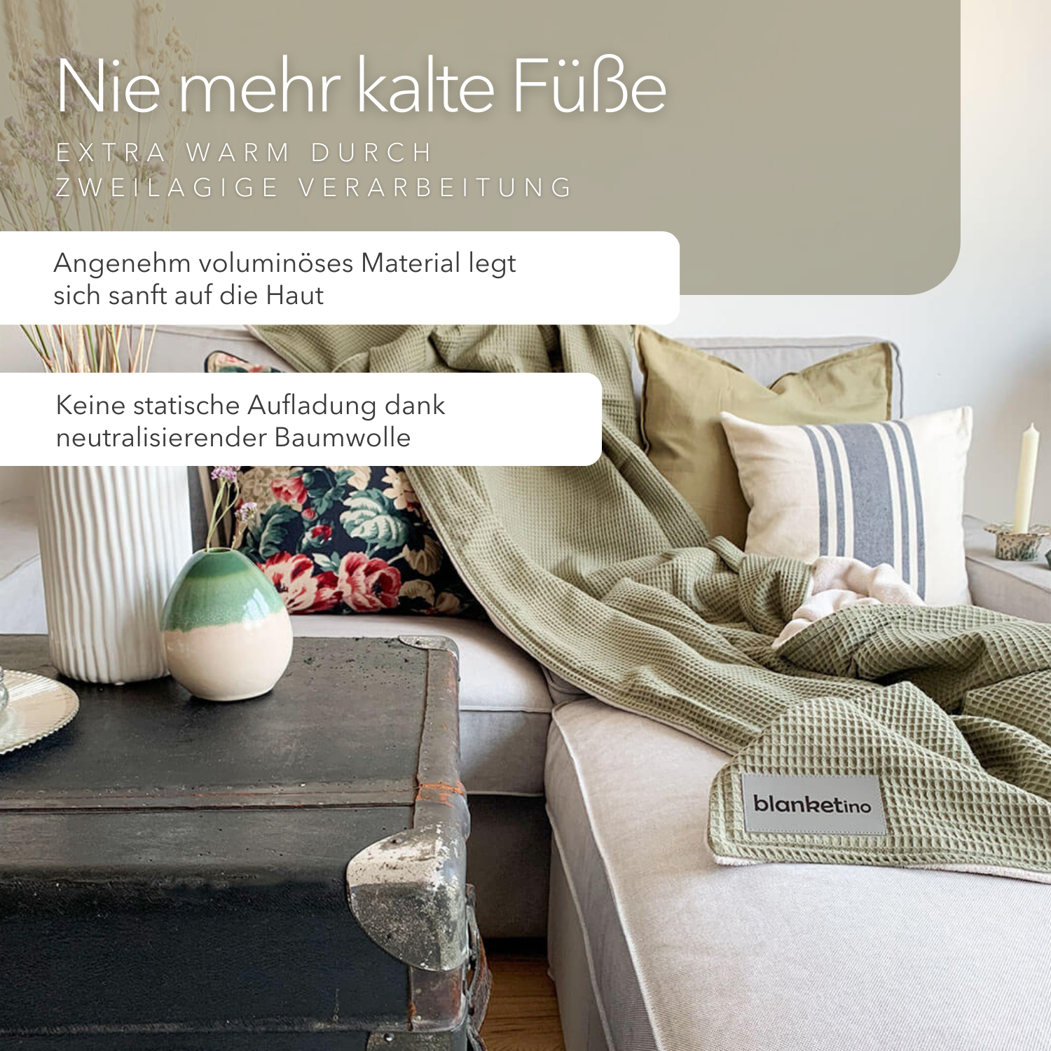 Kuscheldecke "Vollkommen" Oliv · Sandweiß