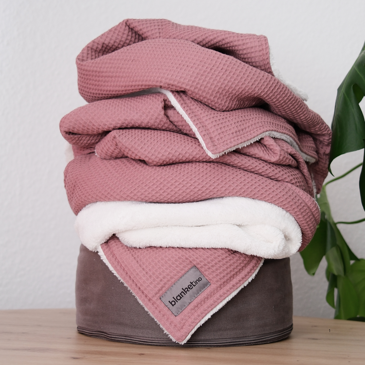 Weiche Baumwoll-Kuscheldecke "Vollkommen" in Altrosa und Sandweiß, gefaltet, mit Waffelpique-Textur, von blanketino.de