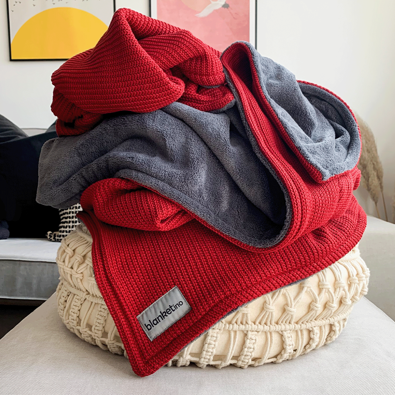 Kuscheldecke • Strick • 145 x 210 cm • Weinrot • Stahlgrau